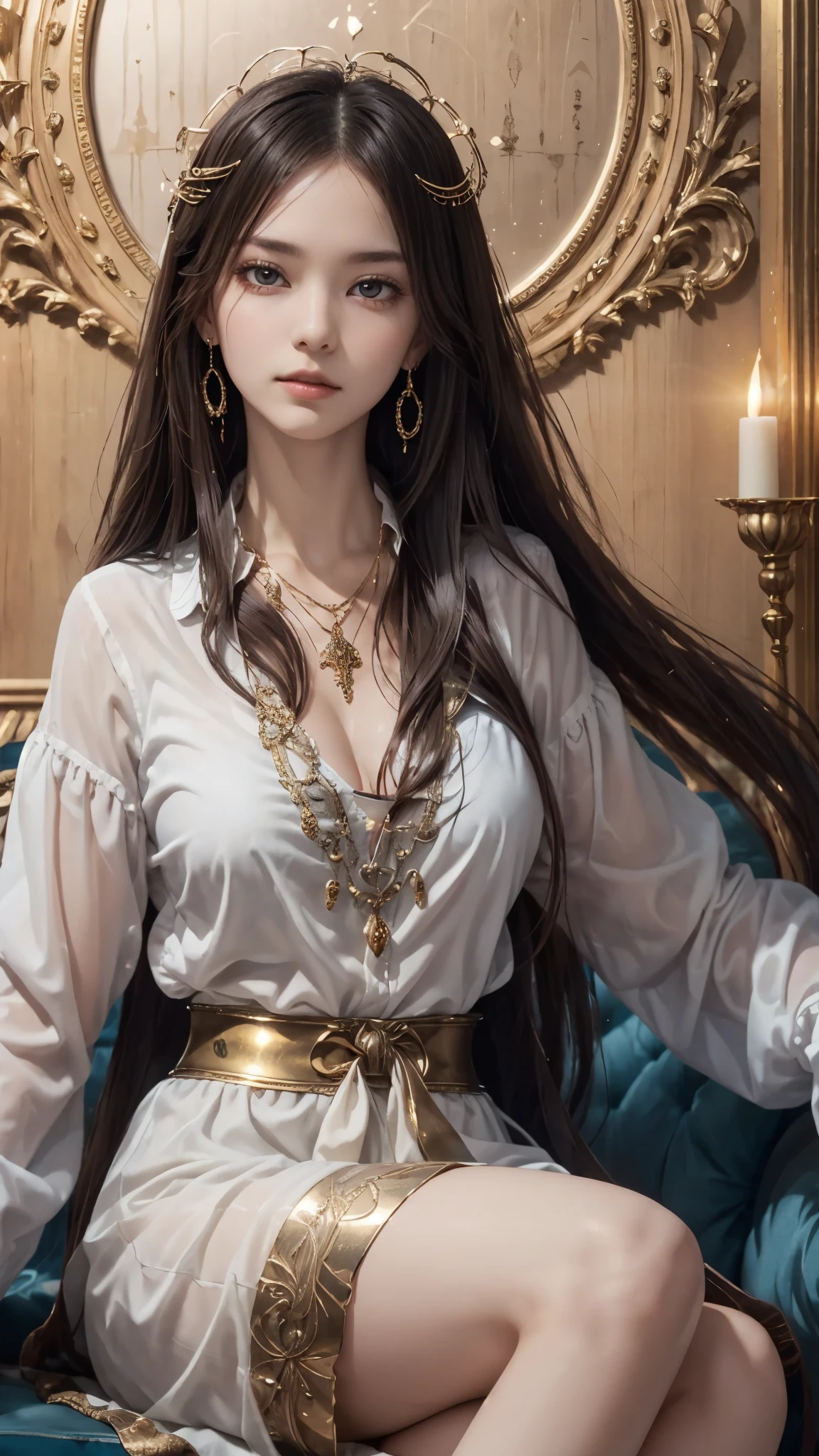 girl, sitting, long hair, straight hair, collared blouse, full gigantic breasts, looking at viewer, holy grail, golden chalice, sacred, mythical, divine gold, intricate craftmanship, detailed engravings, embedded gemstones, surrounded by or emitting a glowing light, halo, heavenly, otherworldly, fine materials, tarnished patina, subtle necklace, earring, highest quality, black hair, brown hair, lucury hotel, beautiful clothing, colorful clothing, fashion collection,