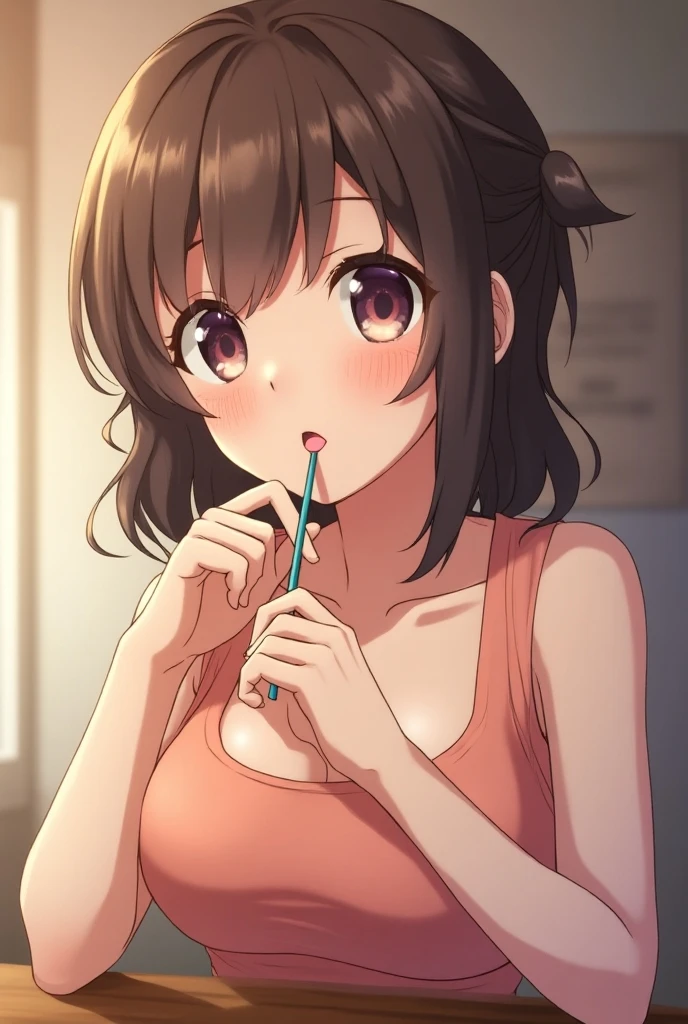 Make a teen anime girl sucking a penis while squirting