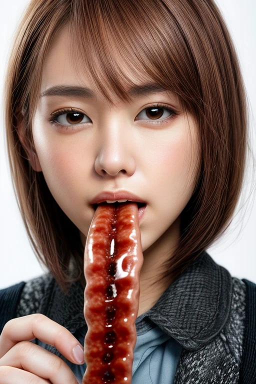 best quality, masterpiece, realistic, photo-realistic, high resolution photograph of a Japanese woman, solo, 1girl, (sucking a sausage, licking a sausage:1.3), blowjob, oral, solo focus, pov, looking at viewer, dark hair, bob cut, blunt bangs, detailed face, detailed eyes, (beautiful dark brown pupils), sophisticated nose, pale skin, simple background,