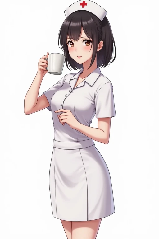 High Quality Masterpiece: 1.3 Ultra High Definition 8K: 1.2 High Definition High Quality Wallpaper Drama 1 Thai Nurse, 25 Years Old, White Nurse Uniform, Tight White Skirt to Knee Length: 1.3
Drinking Coffee from a Cup
Very beautiful, beautiful skin, three-dimensional face, symmetrical face, double eyelids, beautiful and detailed, friendly and kind smile, beautiful glossy lips, very short bob hair, highlighting your figure, perfect style, white background, white background, anime