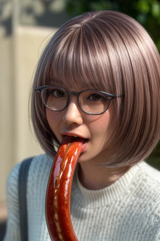 best quality, masterpiece, realistic, photo-realistic, high resolution photograph of a Japanese woman, solo, 1girl, (sucking a sausage, licking a sausage:1.3), blowjob, oral, solo focus, pov, looking at viewer,  bob cut, blunt bangs, detailed face, detailed eyes, (beautiful dark brown pupils), sophisticated nose, pale skin, simple background,