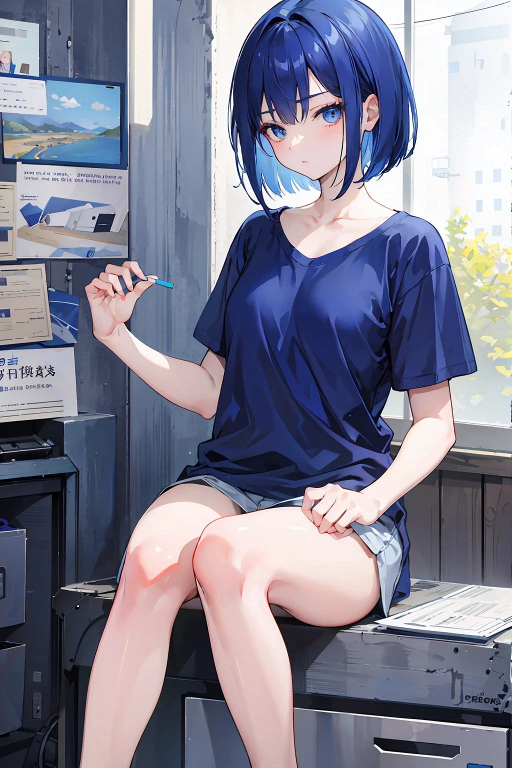 short hair woman, Grey shirt, Lounge chair in the living room