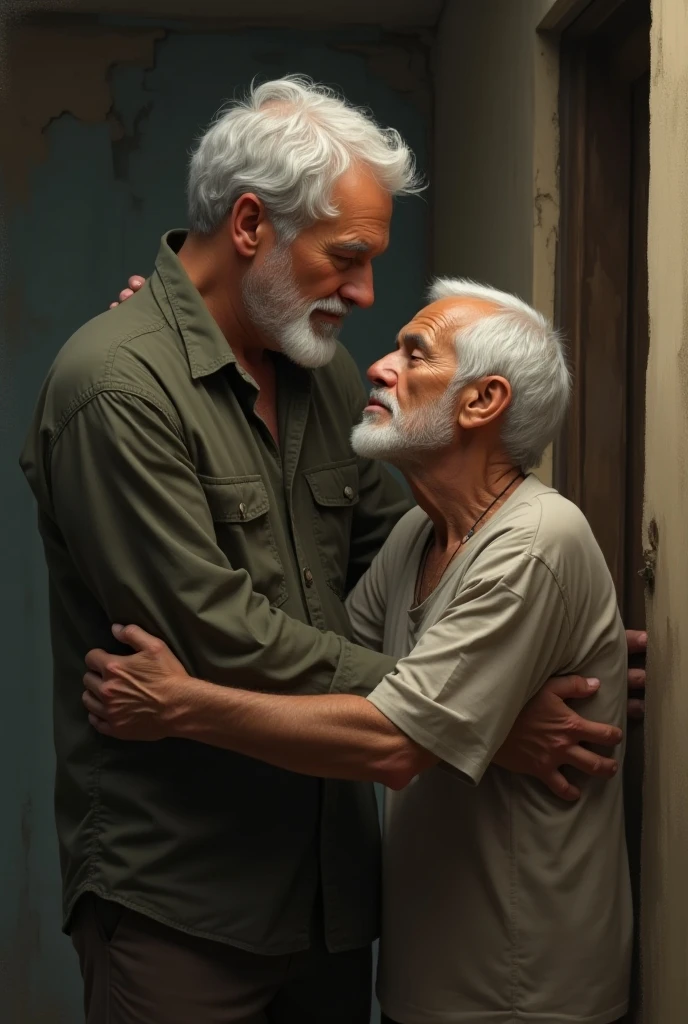 An elderly man hugging a man