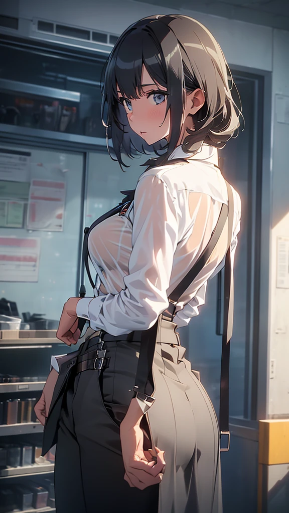 Woman in a suit, belt, Hands on back,  sweaty , suspenders,  black pants , Large Breasts, see-through clothing, rain, Detective, Office Workers, White button-up shirt, (Best Quality,4K,8k, High Resolution ,masterpiece:1.2),Ultra-detailed,(Realistic,photoRealistic,photo-Realistic:1.37),Hyper Details,High definition face and body, slender　thin　suspenders　Medium Breast　See-through shirt　Nipples　　Lock　pistol　Armament　Criminal　Female Criminal　knife 　 Hands on back　Constraints 程よい胸 黒いマスク
