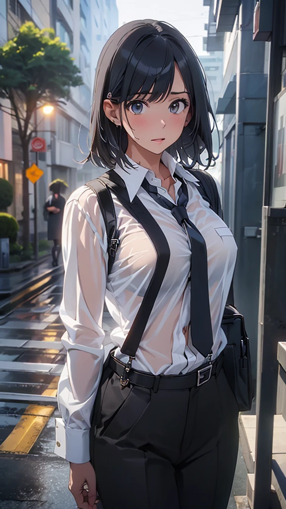 Woman in a suit, belt, Hands on back,  sweaty , suspenders,  black pants , Large Breasts, see-through clothing, rain, Detective, Office Workers, White button-up shirt, (Best Quality,4K,8k, High Resolution ,masterpiece:1.2),Ultra-detailed,(Realistic,photoRealistic,photo-Realistic:1.37),Hyper Details,High definition face and body, slender　thin　suspenders　Medium Breast　See-through shirt　Nipples　　Lock　pistol　Armament　Criminal　Female Criminal　knife 　 Hands on back　Constraints 程よい胸 黒いマスク
