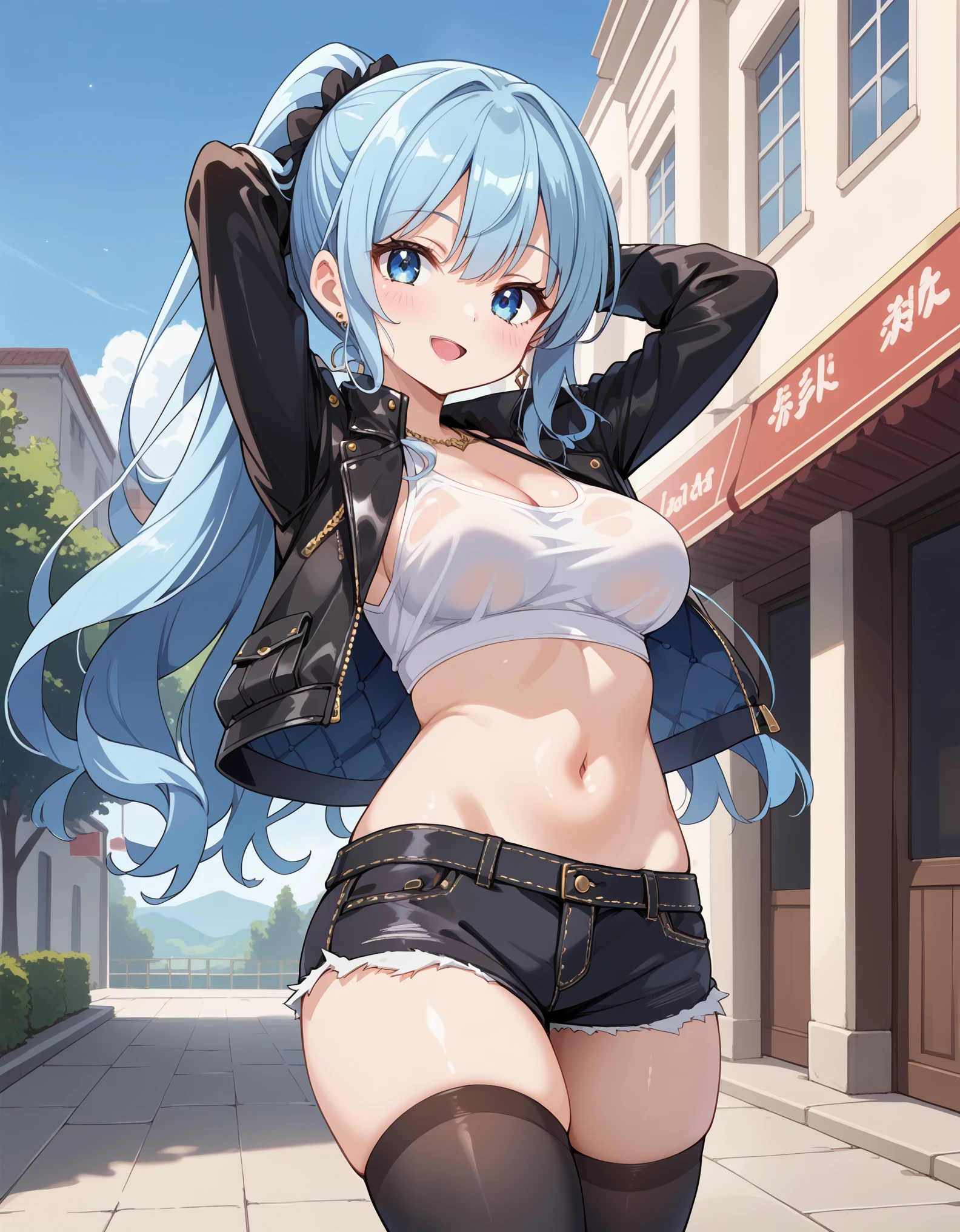 score_9, score_8_up, score_7_up, BREAK source_anime, anime screencap,, night sky, 1woman, blue hair, long hair, wavy hair, sidelocks, ponytail, blue eyes, medium breasts, white crop top, leather jacket, fingerless gloves, black nails, black legwear, converse, piercing, short shorts, arms behind head, (cowboy shot), woman, source_anime, masterpiece, best quality, ultra detailed eyes, high-detailed, BREAK,