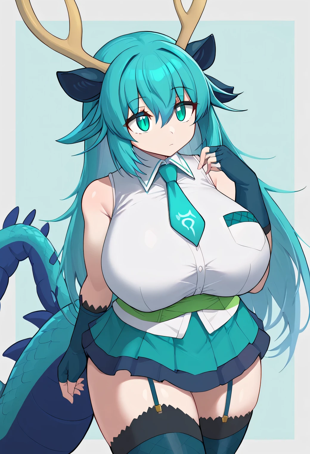 True Blue Dragon, blue-green long hair, blue-green eyes, white sleeveless shirt, blue-green miniskirt, blue-green tie, deer-like antlers, large dragon tail, voluptuous breasts, attractive body, healthy skin tone, droopy eyes, expressionless face, blue-green scale patterned fingerless gloves, black long boots, blue-green scale patterned stockings, garter belt, (huge breasts)