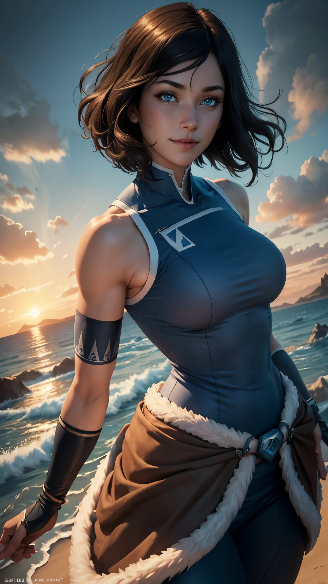 Korra da avatar,(best quality, 4K,8k,high resolution,work of art:1.2)(weather: sunrise), tundra background, artic village, wide hips, short curly hair, brown hair, freckles, sleeveless top, fur belt, leggings, fur boots, elbow long gloves, light makeup, dark eyeshadow, blush, kung fu pose, ultra detailed,portrait,realistic,beautiful detailed blue eyes, beautiful detailed lips,extremely detailed eye and face, long eyelashes,average, large breasts,flying hair,beaming smile, sexy smile, powerful girl, bright coloured, dramatic lighting, water bending,