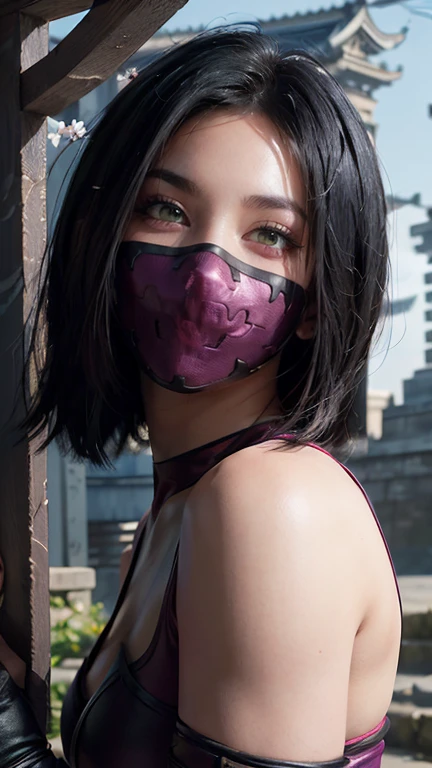 (high quality photo,  Ultra Realistic , 8 k, Seductive portrait of ( thousandth ), mortal kombat),  photography close-up , portrait, ( thousandth  wearing Mask of the Demon),  super beautiful with an angry expression , bright pink eyes,  photo taken close-up , Normal hands, detailed fingers, masterpiece, (realistic 8 k,  photorealistic : 1.37), detailed realistic, 1 girl,  super straight shoulders long short hair: 1 .5, black fur: 1.2, ojos rBright Eyes: 1.5, Bright Eyes, (( thousandth  from Deadly Game kombat)), ninja wearing Mask of the Demon, weapon, kimono, dress,  purple warrior micro swimsuit , ((mortal kombat)),  big and long chest ,  Combat stance with legs spread , flexible body, curved body,  serene look , the temple,  meditation ,  apocalyptic , (ninja mask),  eyes to sky , Mask of the Demon, reflection, (photo background: shows clear officer, officer,  cherry-blossom ), perfect hands, she uses sai weapon in her hands,  sexy ninja body ,