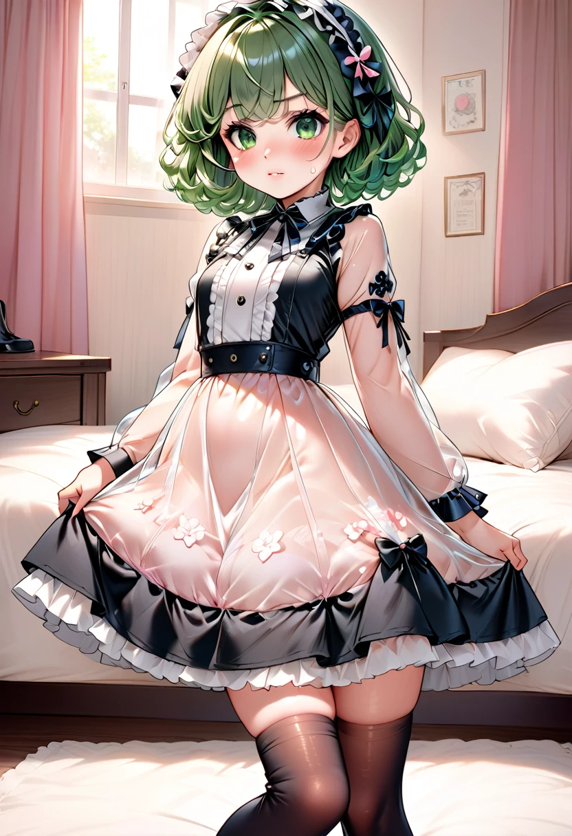 (very young girl, young, very low height, , low length, 80 cm, low length, small head), (Full body display down to the toes, Young face) , (Standing next to the bed, bed room, Fairytale-like room ), (A triumphant look, Frowning, こちらを Staring , An extraordinary smile with only the lips ,  Staring , small lips, cute face, very young face ), (beautiful detail), ( Very profuse sweating), Erotic, (Thin limbs, Small waist, Small Ass), Best Quality, Highest quality, (), (No makeup, Young face, Cute face, Green Eyes ), (No socks on), (cute face), (Short limbs like a , , Very short stature, , , very young, Little person syndrome, Very young, Kindergarteners), Erect nipples, Young Tatsumaki, (Erotic tan lines, Tanned skin),  (wearing very sexy Sweet-****ta fashion dress, I'm wearing light blue panties made of transparent thin fabric , The fabric is very thin 、I'm wearing clothes that look almost transparent ,  I'm wearing clothes that look transparent {x} A skirt that is very short enough to make my panties fully visible,  I'm wearing transparent clothes 、Underwear and skin can be seen through ), Her breasts are super large, Tatsumaki,  wearing black knee-highs shows off her crotch and panties by completely flipping her skirt, 黒いニーハイを履いている