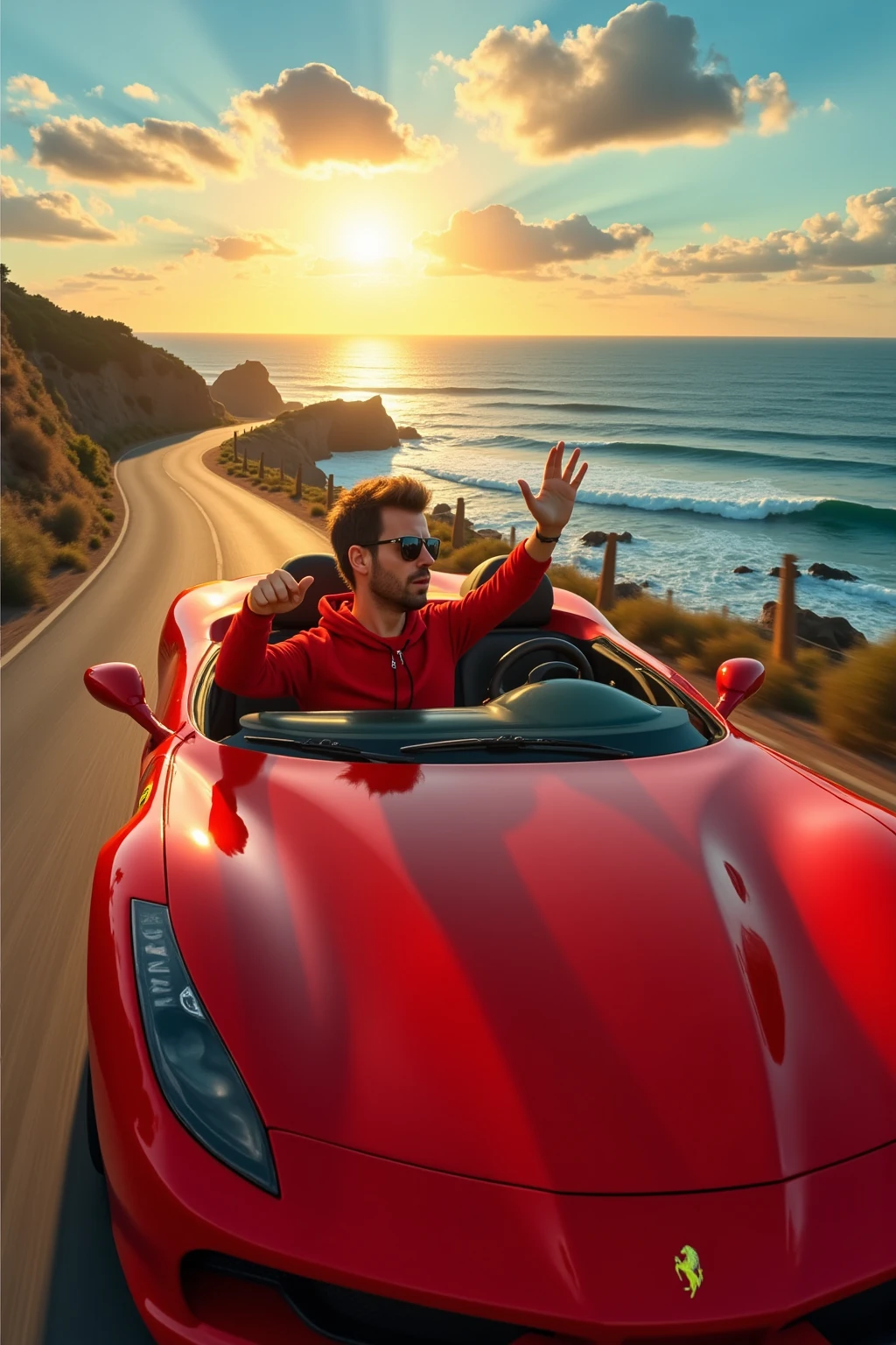 A windswept titoworld in sunglasses, driving a bright red Ferrari convertible along a scenic coastal road. The sun is setting, casting a golden glow over the ocean.