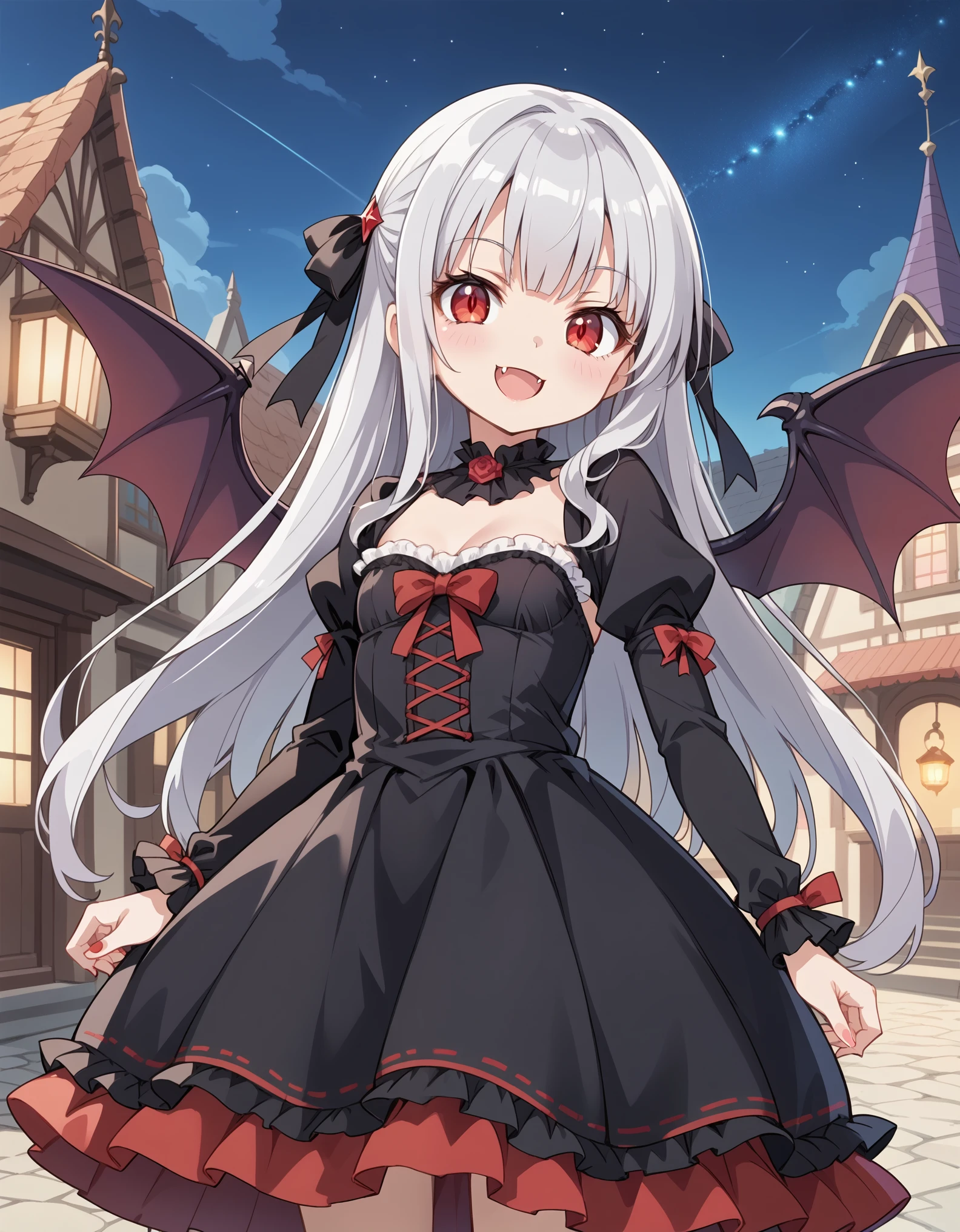 score_9, score_8_up, score_7_up, BREAK source_anime, anime screencap,, a young vampire girl, corruption, silver hair, long hair, red eyes, evil smile, black gothic dress, frilled skirt, bat wings, fang, fantasy, nightmare fantasy town, starry sky, best quality,