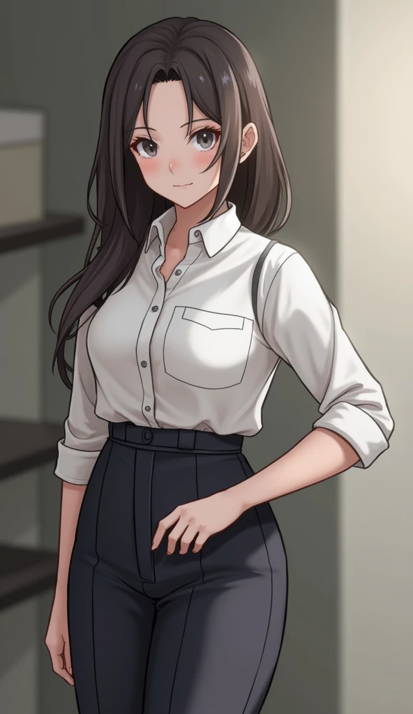 best quality, masterpiece, highres, solo, {shiina_taki_bangdreamitsmygo:1.15}, long_hair, black_hair, purple_eyes, mole_under_eye, mole, bangs, indoors, brown_hair, 1girl, looking_at_viewer, portrait, open_mouth, shirt, blue_shirt, blurry_background, collared_shirt, parody