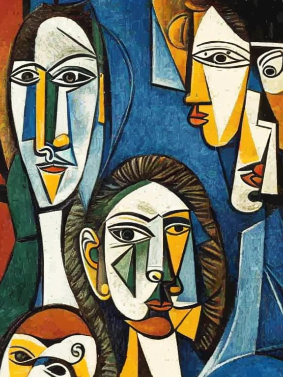 Boy and woman,  portrait, close up picasso style, expresionism, muted colors, artistic composition, blue, beige, brown, gray green, white, black, brown, gray green 