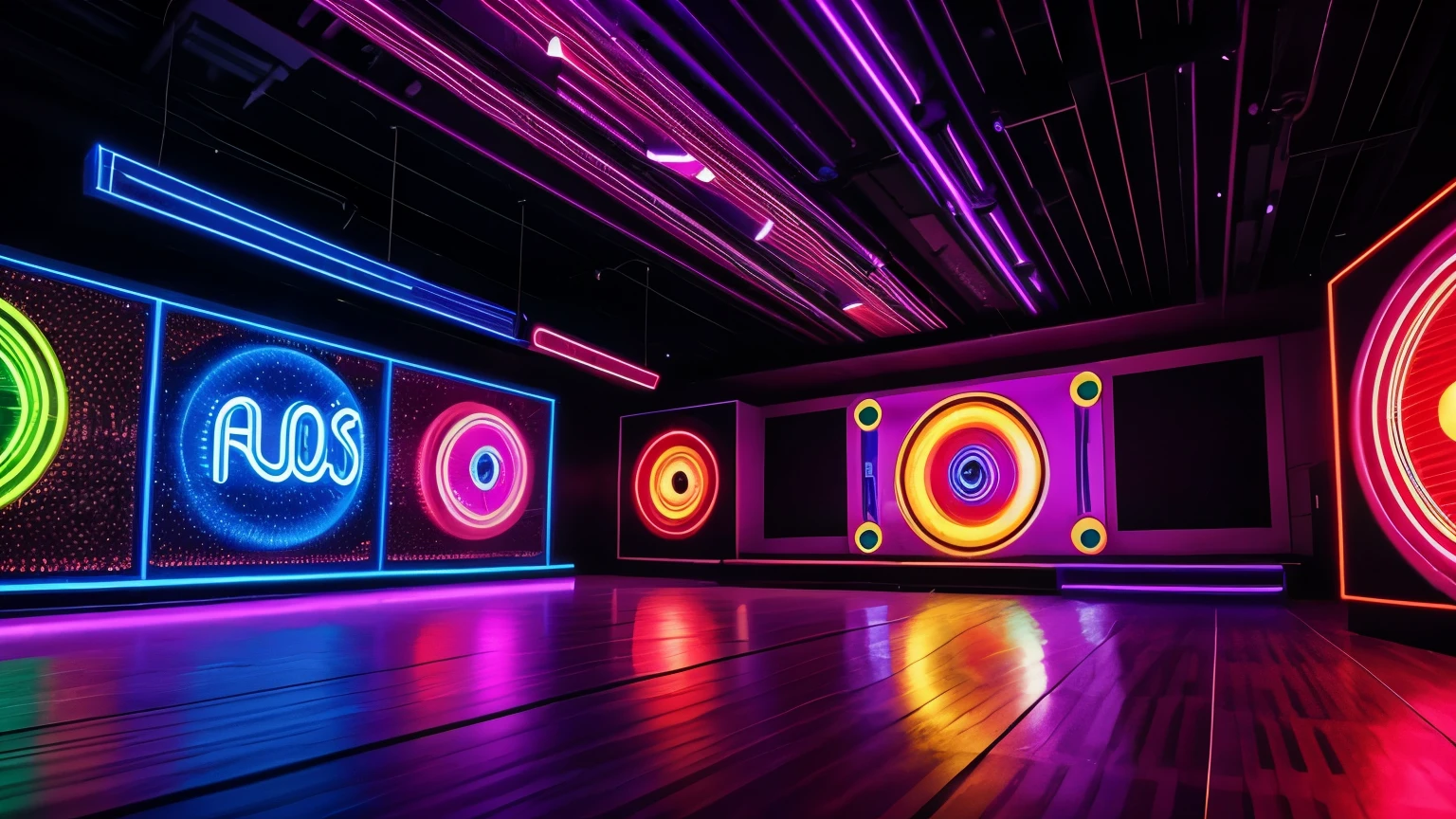 " 70s New York disco :  colorful flashing lights ,  spinning spheres ,  giant speaker ,  twinkling soundboard ,  neon wall ,  vibrant and dynamic atmosphere,  no people . DJ "