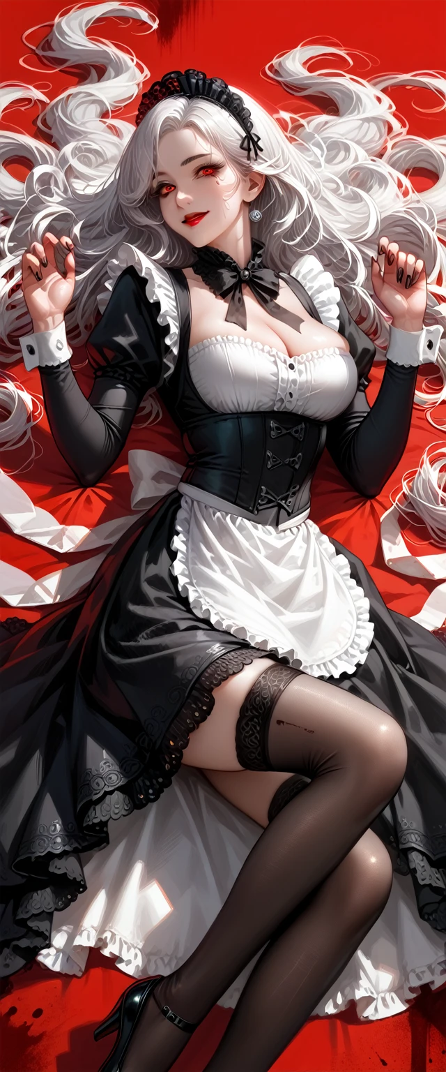 Masterpiece, very detailed, ultra detailed, one, (1 female), she is ghostly pale, skin white as sheet, well endowed body, medium weight, not slim, big breasts, red lips, dressed in in a black victorian long maid uniform, torn dress and black stockings, lying down in an elegant position, mature  smile, woman, super long hair, silver hair, curly hair, white hair, and combed on the sides, realistic nose, beautiful, sideview, charming, glowing blood-red eyes, elegant, big breasts, kind face, clean beautiful face, blood-stainded hands, hands up, long black nails, sitting on dead bodies, charming, bright red background, dead atmosphere, against the background of blood and gore.