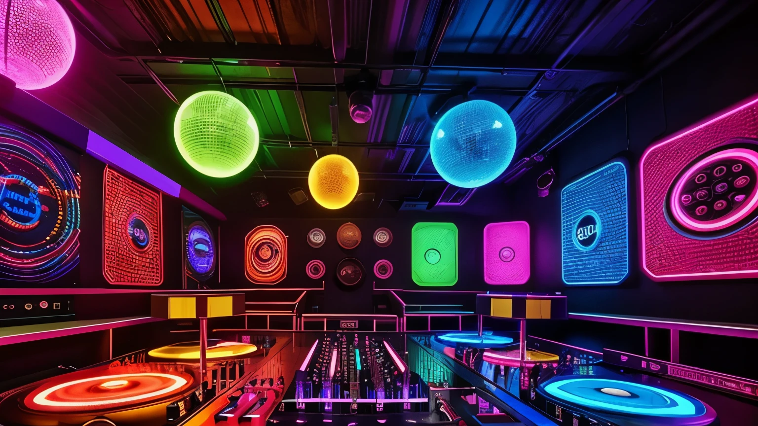 " 70s New York disco :  colorful flashing lights ,  spinning spheres ,  giant speaker ,  twinkling soundboard ,  neon wall ,  vibrant and dynamic atmosphere,  no people . DJ "