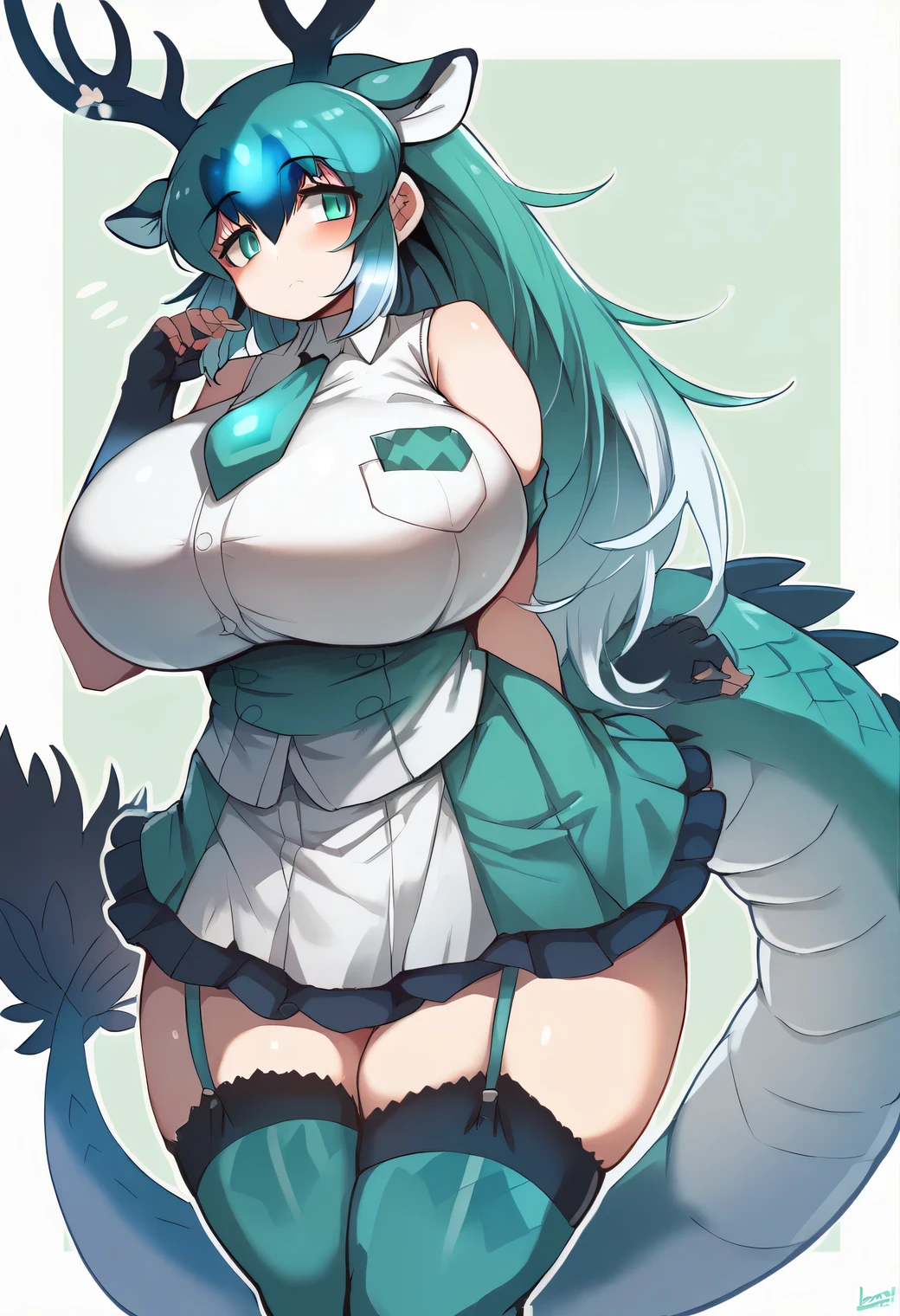 Kemono Friends, Blue Dragon, True Blue Dragon, blue-green long hair, blue-green eyes, white sleeveless shirt, blue-green miniskirt, blue-green tie, deer-like antlers, large dragon tail, voluptuous breasts, attractive body, healthy skin tone, droopy eyes, expressionless face, blue-green scale patterned fingerless gloves, black long boots, blue-green scale patterned stockings, garter belt, (huge breasts)