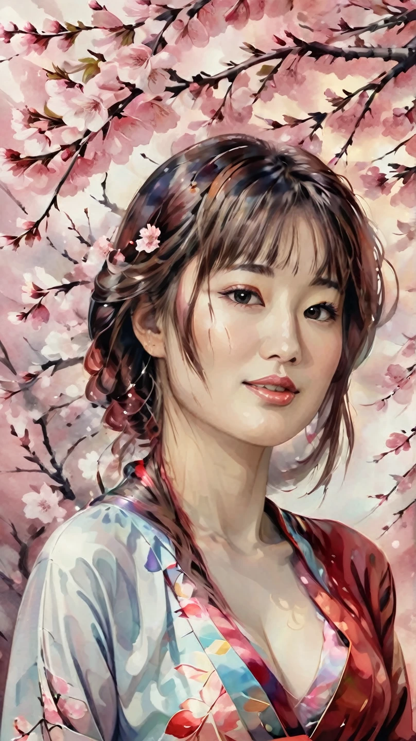 Watercolor, flowing art, pastel colors, delicate colors, colorful cherry blossomflowers, satin colors, stilizyed, in the middle a realistic Autumn Deck portrait,kodew