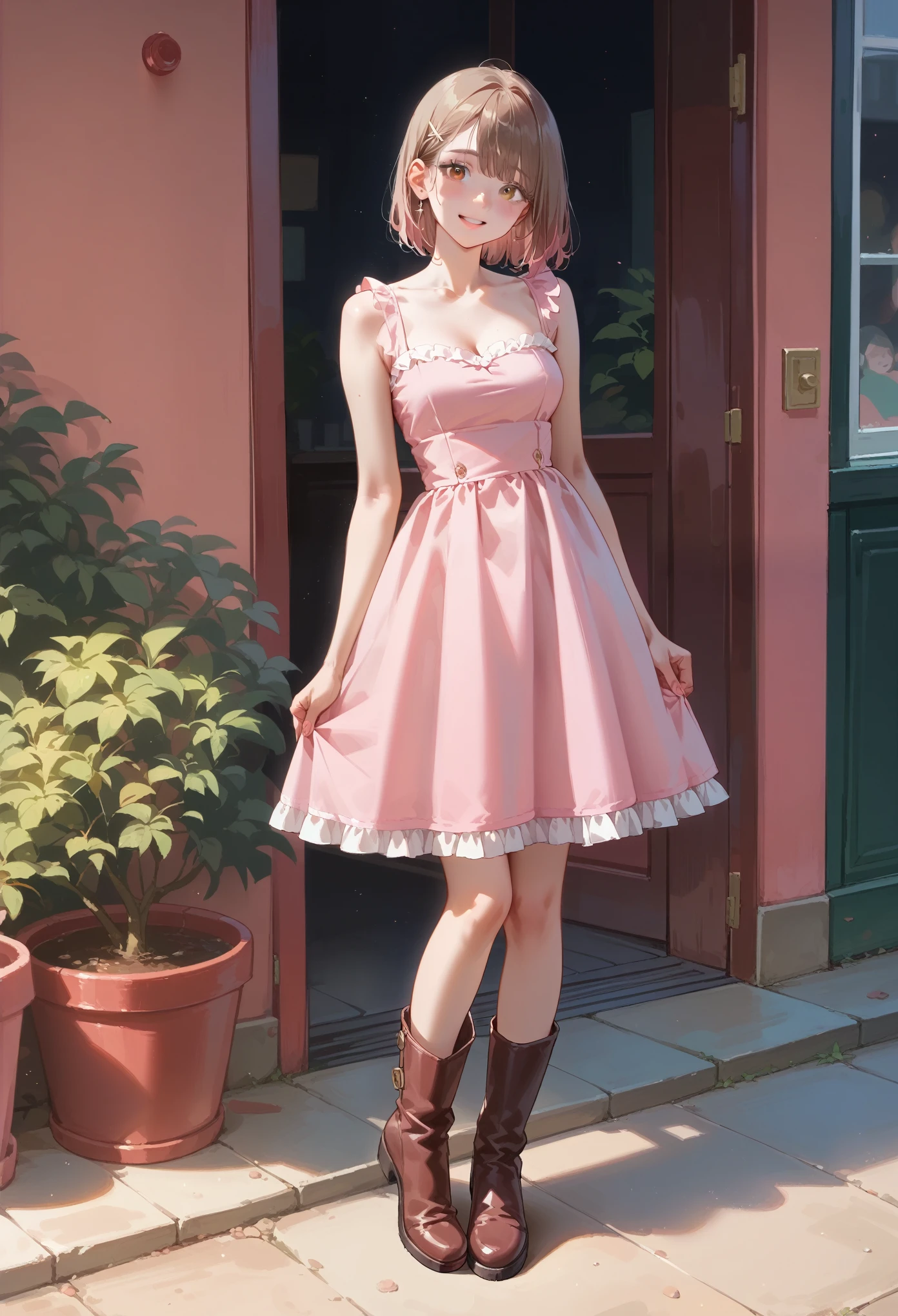 Best quality painting 、8k、Ultra-precise image quality、Young girl、Very cute、Normal size breasts、Slender body、bright pink half up、A vibrant town、Pink dress、 brown leather boots 、