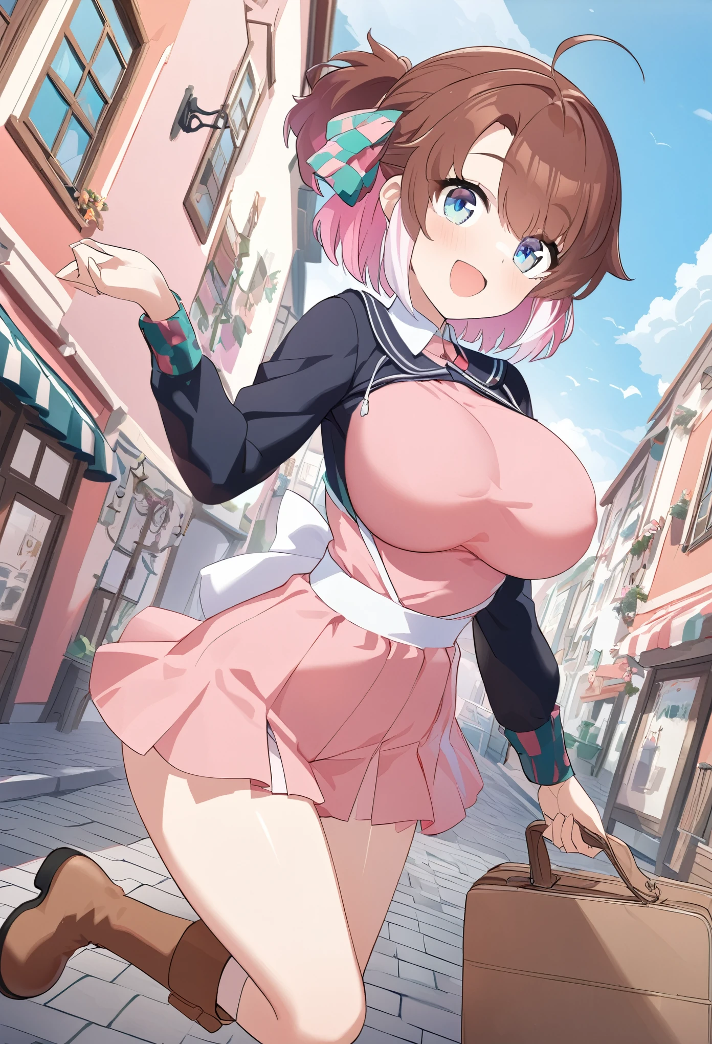 Best quality painting 、8k、Ultra-precise image quality、Young girl、Very cute、Normal size breasts、Slender body、bright pink half up、Light blue eyes、A vibrant town、Cheerful pose、 brown leather boots 