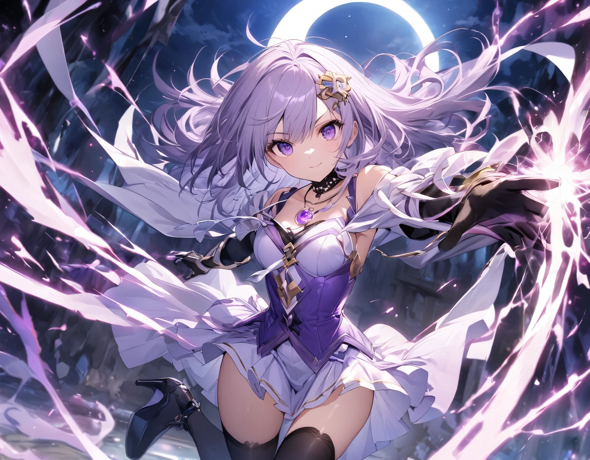 Alone:1.3. The Perfect Body:1.3 Modern Japanese Amusement Park Dark Sky :1.March Puella Battle Scene Fierce Battle with Tentacle Monsters Shattered Tentacle Moon Attack Magical Dazzling Light Effects:1. 3 Dignified Light Purple Costume, Older Sister Character, Light Purple Hair, Sharp Hairstyle, Long Eyes, Purple Eyes, Strong, Long Bangs, Flow Sideways :1. 3 White Ribbon Beauty Miniskirt, Stockings, Choker, Gloves, Up to the Elbow, High Heels, Mikazuki's Magical Pendant, Mikazuki's Hair Ornament, Short Crescent Moon Rod