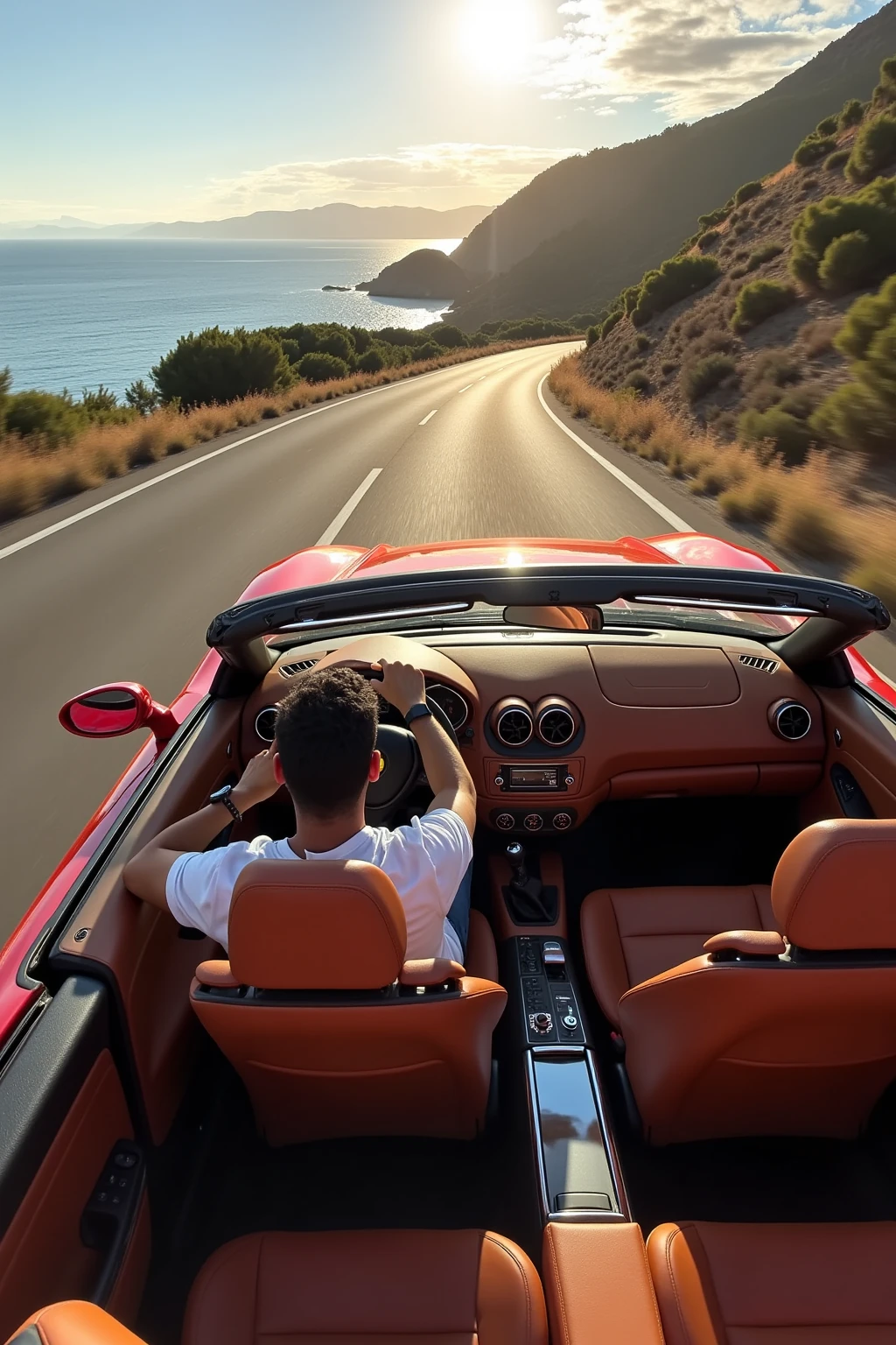 A hyperrealistic photograph of titoworld driving a Ferrari  F630 convertible along a winding coastal road. The image should have a shallow depth of field, capturing the driver in sharp focus against a blurred, sun-drenched background. Pay attention to the intricate details of the car, such as the leather interior and the reflective chrome accents