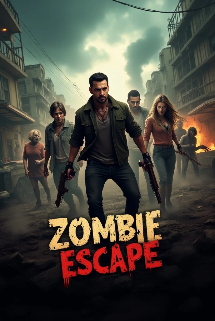Close-up of a soldier holding a weapon and a zombie, 🕹️ 😎 🔫 🤖 🚬, Injured, The soldiers are running for their lives,The zombies continue to chase,Inside the dark tunnel,The cover of the game,The soldier looked at the zombies chasing behind him