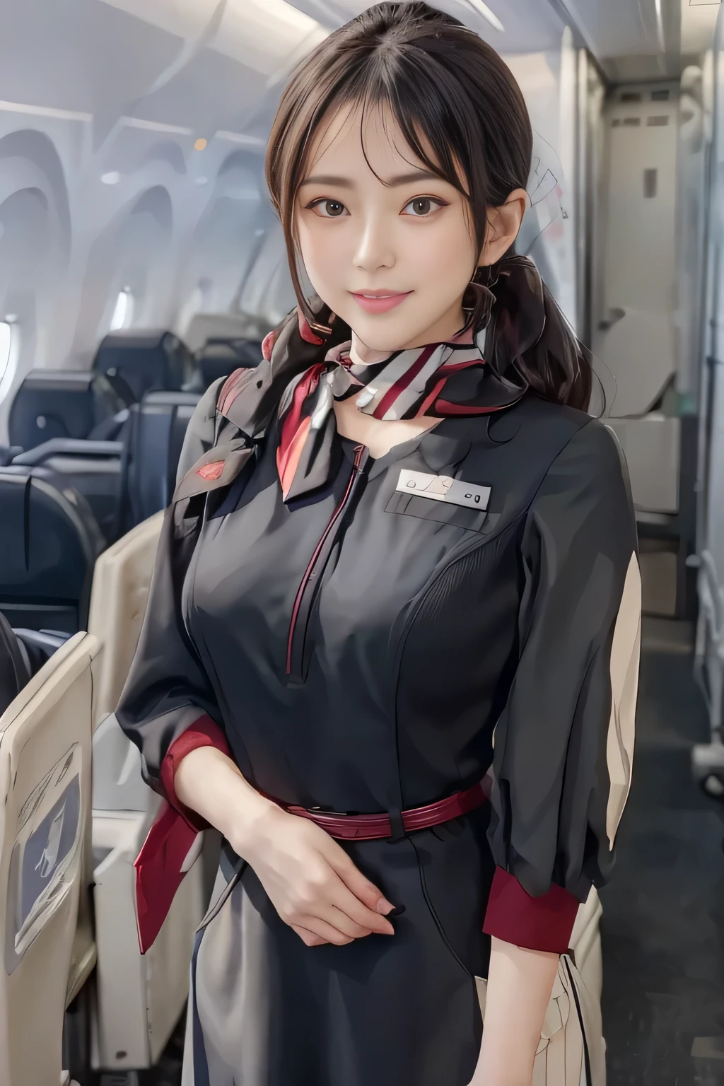 (masterpiece:1.2, Best Quality:1.2), 32K HDR, High resolution, (Alone、1 girl)、（on board、 professional lighting）、In-flight background、（JAL flightattendant uniformを着たリアルスタイル）、（（JAL flightattendant uniform short sleeve jumper skirt 、Red belt on the waist  、Scarf around the neck））、Dark brown hair、（Long Hair、Hair tied up、Hair tied up）、Dark brown hair、Long Shot、Big Breasts、Thin legs、（（Great hands：2.0）），（（ Harmonious body proportions：1.5）），（（Normal limbs：2.0）），（（Normal finger：2.0）），（（Delicate eyes：2.0）），（（Normal eyes：2.0））)、smile、（JAL flightattendant uniform美しい立ち姿）、Hands clasped underneath