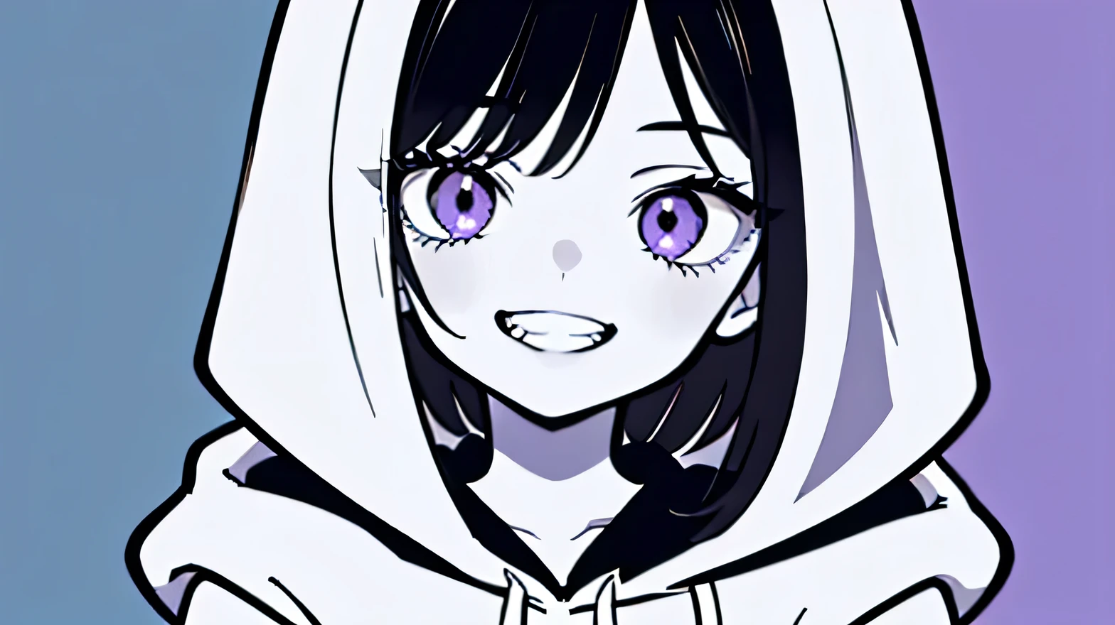 ((((ultra illustrated style:1.0)))),best quality, best animated, masterpiece, monochrome, flat color, black and violet, 1girl, solo, grin, hoodie, white background, looking at viewer, front view, from front, close up, simple background, portrait,