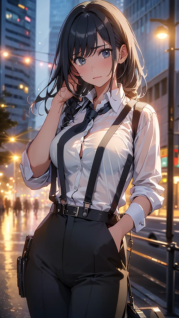 Woman in a suit, belt, Hands on back,  sweaty , suspenders,  black pants , Large Breasts, see-through clothing, rain, Detective, Office Workers, White button-up shirt, (Best Quality,4K,8k, High Resolution ,masterpiece:1.2),Ultra-detailed,(Realistic,photoRealistic,photo-Realistic:1.37),Hyper Details,High definition face and body, slender　thin　suspenders　Medium Breast　See-through shirt　Nipples　　Lock　pistol　Armament　Criminal　Female Criminal　knife 　 Hands on back　Constraints 程よい胸 黒いマスク
