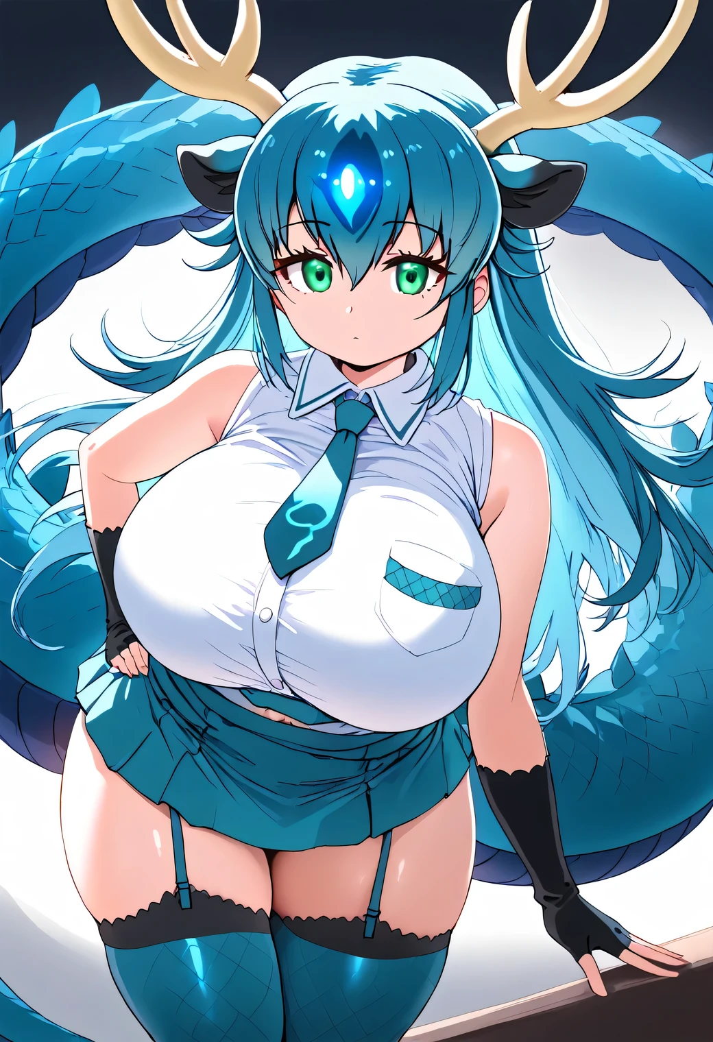 Kemono Friends, Blue Dragon, True Blue Dragon, blue-green long hair, blue-green eyes, white sleeveless shirt, blue-green miniskirt, blue-green tie, deer-like antlers, large dragon tail, voluptuous breasts, attractive body, healthy skin tone, droopy eyes, expressionless face, blue-green scale patterned fingerless gloves, black long boots, blue-green scale patterned stockings, garter belt, (huge breasts)