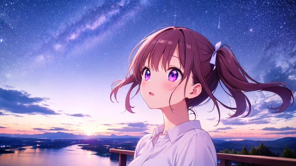 ((8k, Highest quality, masterpiece: 1.3)),Ultra-high resolution,(1 girl, alone), Highly detailed dark purple eyes, Highly detailed face, looking up at the sky, shooting stars, night,
light pink short twintails, breast, emotional face, starry sky

Bright Sky, A vast world,((1 cute girl)), stare, Awe-inspiring expressions, Distant Horizon, cloud, High Hill, Inspiration, Light effects, Wide Shot, From afar,