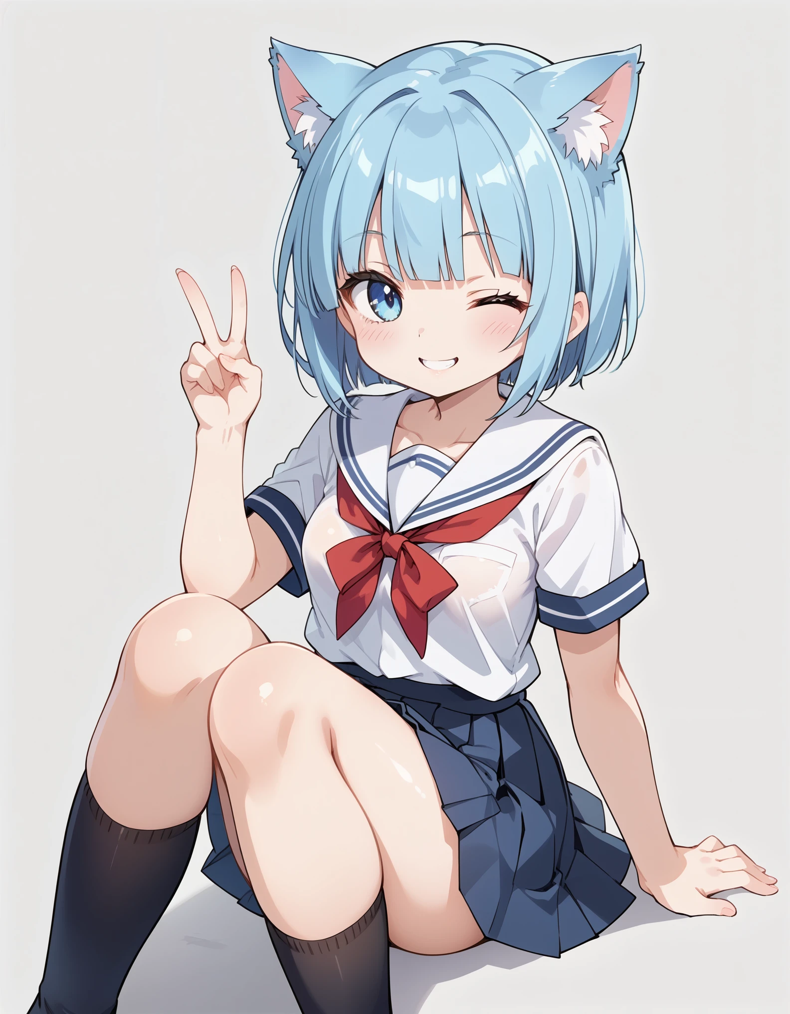 score_9, score_8_up, score_7_up, BREAK source_anime, anime screencap,, cute furry blue cat girl, blue hair, white fur, two tone fur, blunt bangs, short hair, light blue eyes, chest tuft, small breasts, wide chest, school uniform, school uniform skirt, smile, wink, v sign, knees up body, simple background,