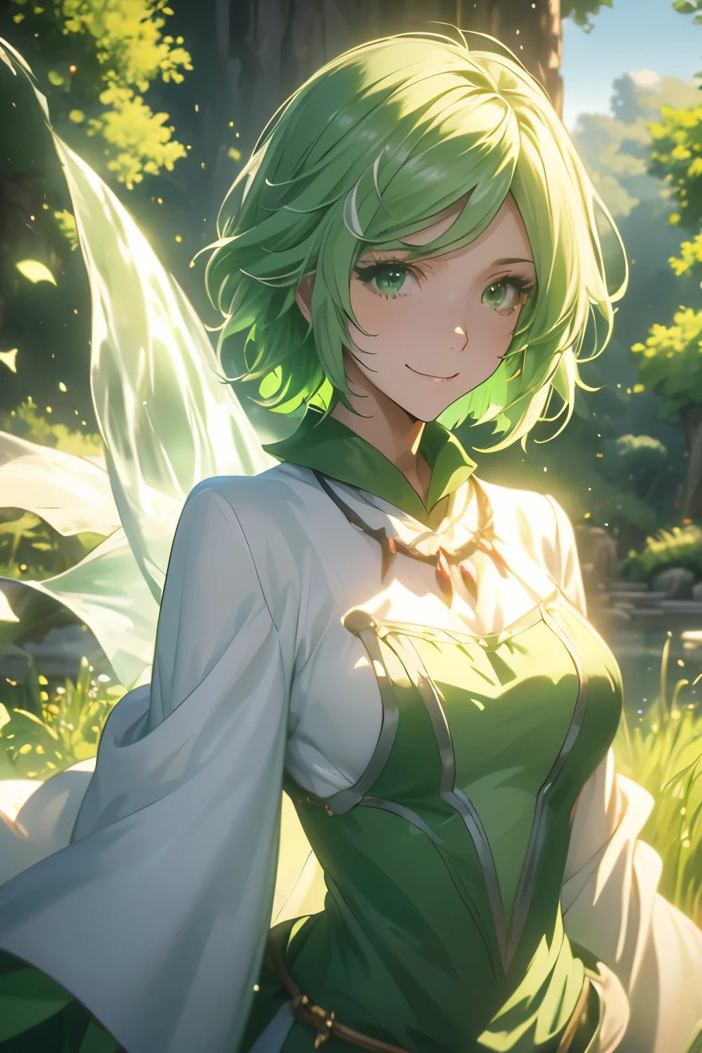 （（（ＳＦＷ、Highest quality、 First Class 、masterpiece、Normal body、8k、Detailed face、Ultra-precision、Normal hand、Normal finger、Masterpiece）））、Tria 、 Dryad、Green Hair、Bobcut、-That Time I Got Reincarnated as a Slime-、Easy smile 、sexy、Sexy、pure、 white and green robe、Breeze 、 Wind of Protection、magic、 Magic Light 、See-through、Transparency、whole body