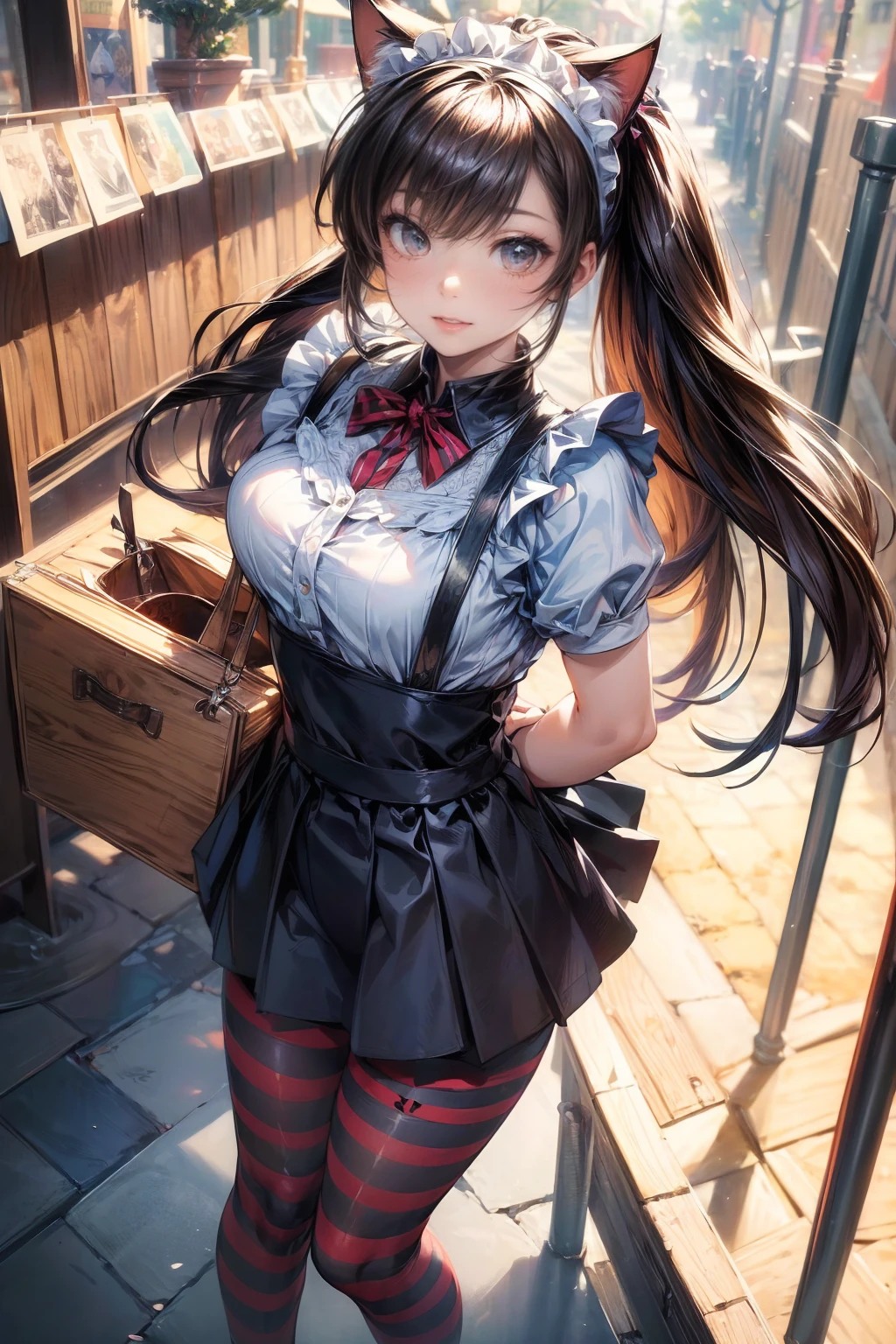 NSFW、One Girl、Cat ears headband、Cat tail、Enamel maid outfit、Short skirt、Thigh-high socks with horizontal stripes、Enamel striped pants、Highest quality、8K、Beautiful Face、Mischievous smile、Lift your skirt to show your underwear、Wink、View Viewer、Bright cafe