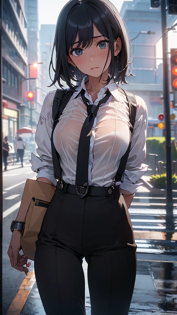 Woman in a suit, belt, Hands on back,  sweaty , suspenders,  black pants , Large Breasts, see-through clothing, rain, Detective, Office Workers, White button-up shirt, (Best Quality,4K,8k, High Resolution ,masterpiece:1.2),Ultra-detailed,(Realistic,photoRealistic,photo-Realistic:1.37),Hyper Details,High definition face and body, slender　thin　suspenders　Medium Breast　See-through shirt　Nipples　　Lock　pistol　Armament　Criminal　Female Criminal　knife 　 Hands on back　Constraints 程よい胸 黒いマスク
