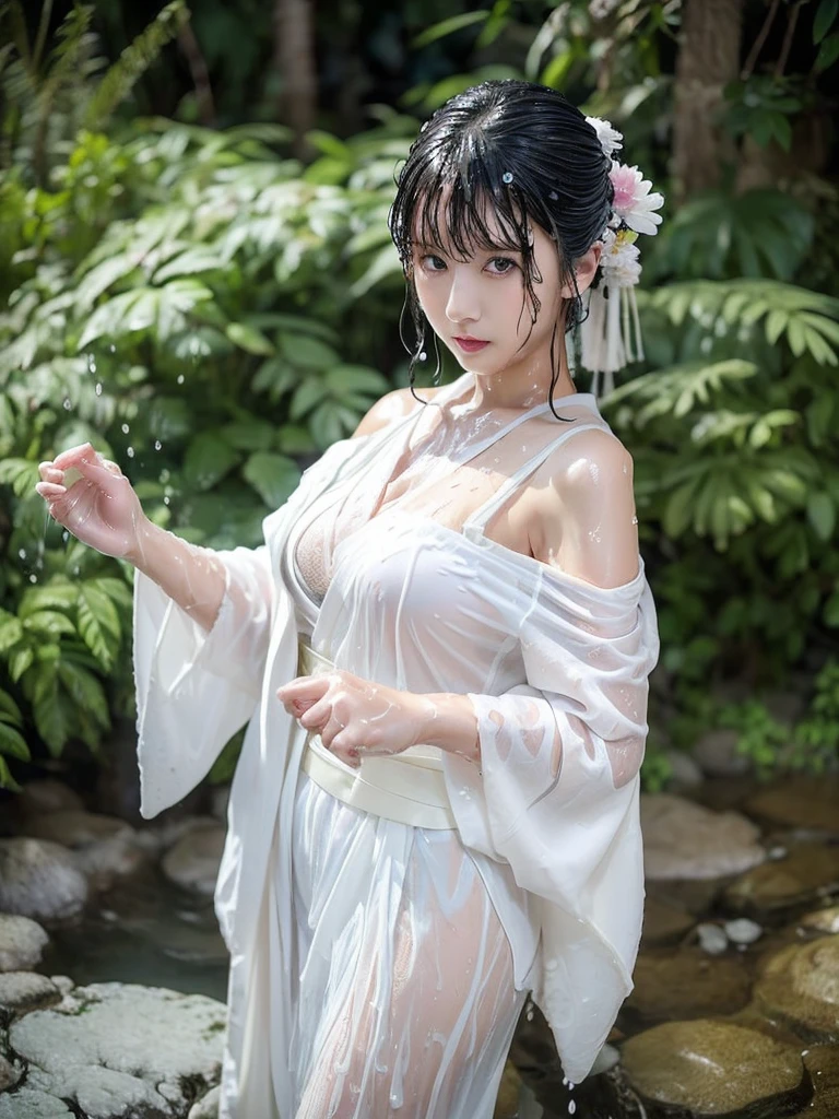 Japanese women,Beautiful woman,(( anatomically correct)),(((Wear a pure white kimono ))),Wearing a kimono on a naked body ,Beautiful womanの柔らかなフォーカスのポートレイト,Colorful Hair,( random colored hair ), feminine soft body line ,((Wet Skin:1.5)),(Narrow waist),純白のThin fabric kimono に包まれた身体,濡れたThin fabric kimono ,(( wet thin fabric texture :1.5))Ethereal and fantastic style ,幻想的な雰囲気を添えるThin fabric kimono ,((Thin fabric kimono )),((See-through)),(( off-shoulder flatline )),((See-through)),Large Breasts,Big Breasts, big round ass holding a ball,( big round ass holding a ballを披露しましょう),Moonlit Night,moonlight,moonlight,Starry Sky,midnight,forest,Fantastic lake in the forest,Dip your toes in the lake,