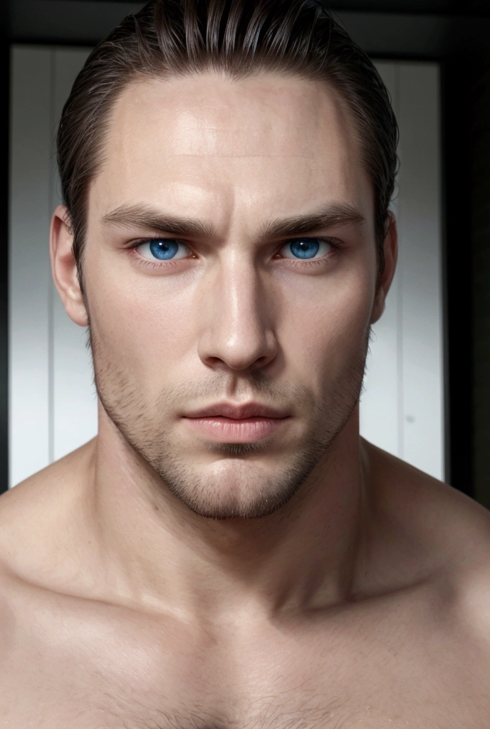 a handsome man, oily muscular humanoid body, extremely detailed face, blue eyes, sharp jawline, blonde hair, oil glistening on skin, (best quality,4k,8k,highres,masterpiece:1.2),ultra-detailed,(realistic,photorealistic,photo-realistic:1.37),dramatic lighting,chiaroscuro,high contrast,cinematic,glamour portrait