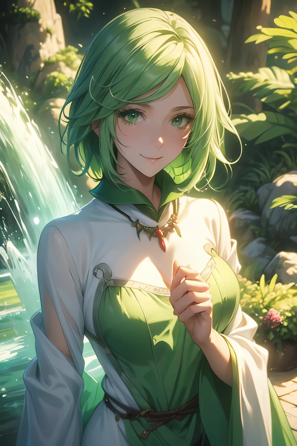 （（（ＳＦＷ、Highest quality、 First Class 、masterpiece、Normal body、8k、Detailed face、Ultra-precision、Normal hand、Normal finger、Masterpiece）））、Tria 、 Dryad、Green Hair、Bobcut、-That Time I Got Reincarnated as a Slime-、Easy smile 、sexy、Sexy、pure、 white and green robe、Breeze 、 Wind of Protection、magic、 Magic Light 、See-through、Transparency、Slightly erotic、whole body