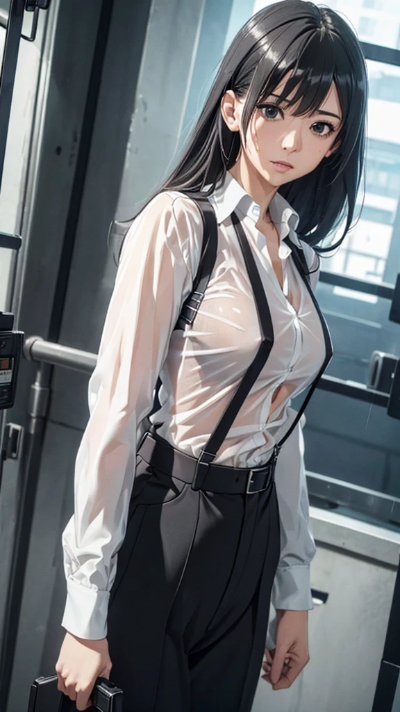 Woman in a suit, belt, Hands on back,  sweaty , suspenders,  black pants , Large Breasts, see-through clothing, rain, Detective, Office Workers, White button-up shirt, (Best Quality,4K,8k, High Resolution ,masterpiece:1.2),Ultra-detailed,(Realistic,photoRealistic,photo-Realistic:1.37),Hyper Details,High definition face and body, slender　thin　suspenders　Medium Breast　See-through shirt　Nipples　　Lock　pistol　Armament　Criminal　Female Criminal　knife 　 Hands on back　Constraints 程よい胸 黒いマスク
