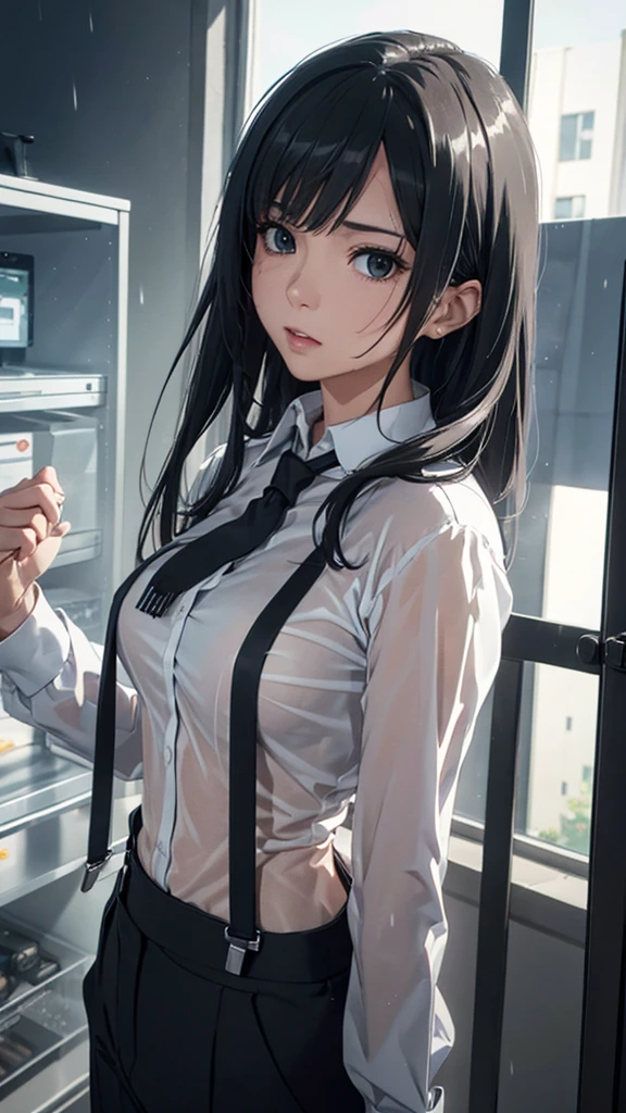 Woman in a suit, belt, Hands on back,  sweaty , suspenders,  black pants , Large Breasts, see-through clothing, rain, Detective, Office Workers, White button-up shirt, (Best Quality,4K,8k, High Resolution ,masterpiece:1.2),Ultra-detailed,(Realistic,photoRealistic,photo-Realistic:1.37),Hyper Details,High definition face and body, slender　thin　suspenders　Medium Breast　See-through shirt　Nipples　　Lock　pistol　Armament　Criminal　Female Criminal　knife 　 Hands on back　Constraints 程よい胸 黒いマスク
