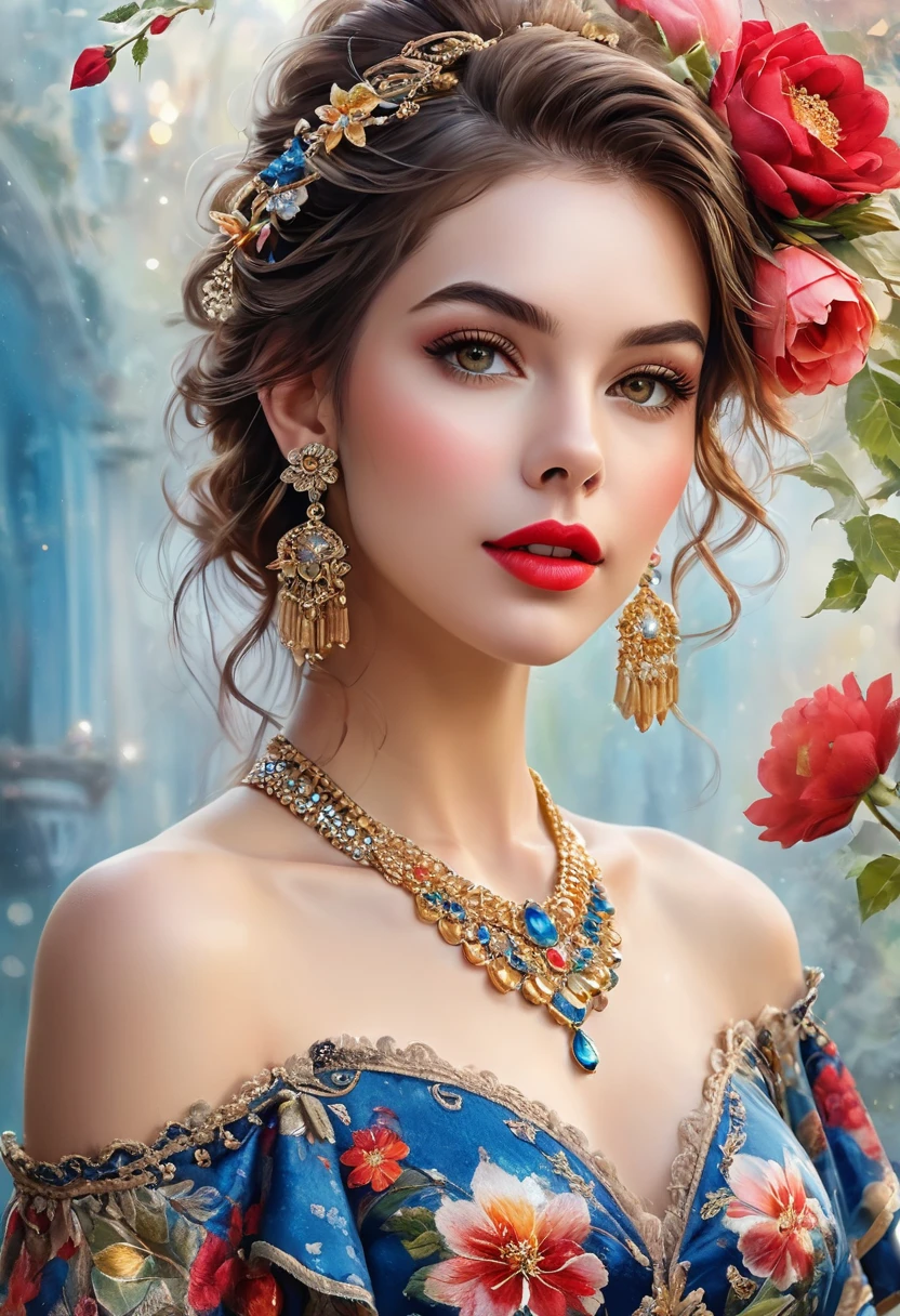 Watercolor Paint, masterpiece.  Beautiful realistic woman ,  detailed face,  crystal clear amber eyes , red lipstick,  Loose brown hair ,  dry red flower in her hair , delicate earrings and necklace ,  shiny red and black floral satin dress,  off shoulders , background flowers,  depicted from the knees and above , amazing image, background bokeh, UHD.