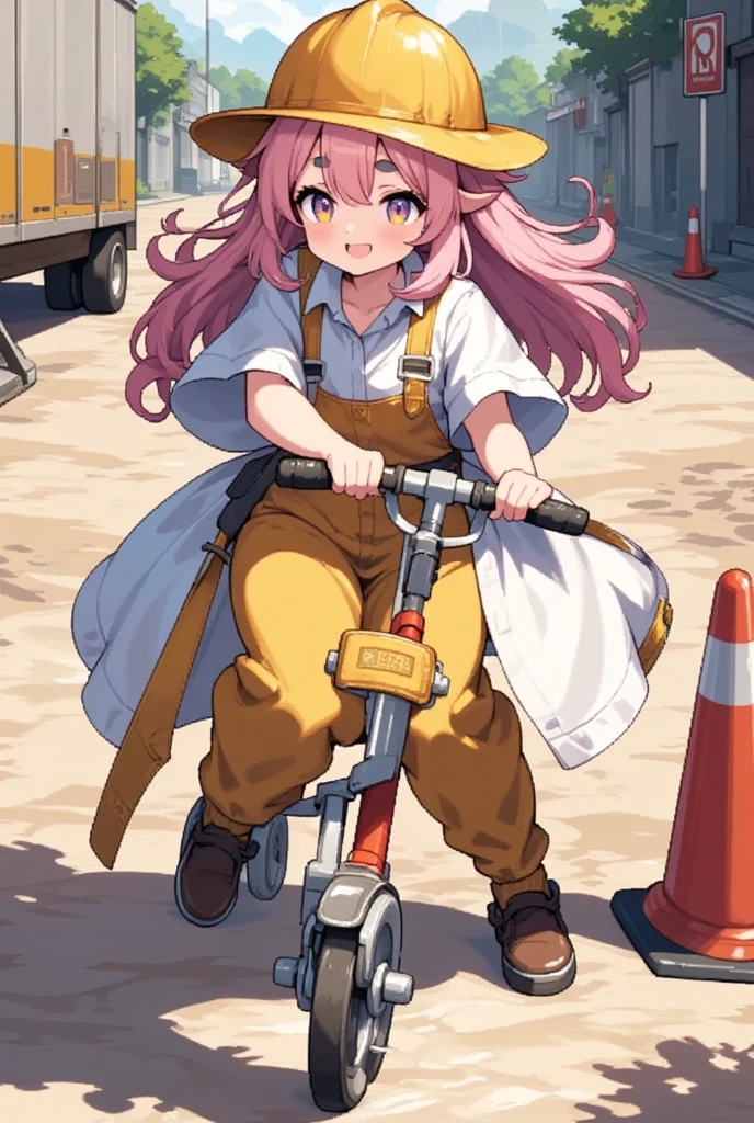 1girl, Alone, Sheep,  long pink fluffy hair, Thick eyebrows, Overalls,  yellow safety helmet, Tamping Rammer :1.3,  is leveling the ground ,  the ground is vibrating,  motion blur, Construction site, Red colored cone , No Entry