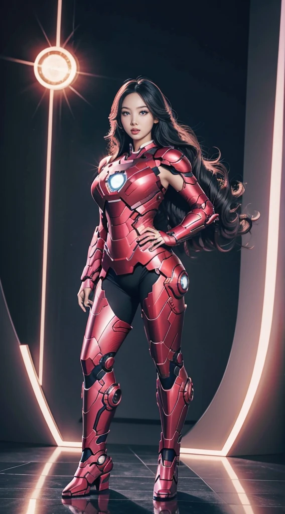 Full Body Photo. Studio Background. 8k HD good quality image. Hot Korean woman has an ideal body, big breast, big butt, sexy wavy body, straight long hair, wearing a pink Iron Man armor without the helmet. FULL BODY FROM HEAD TO TOE. Standing in a FULL HEIGHT FROM HEAD TO TOE. 

The picture must show a complete head to toe picture of the hot Korean