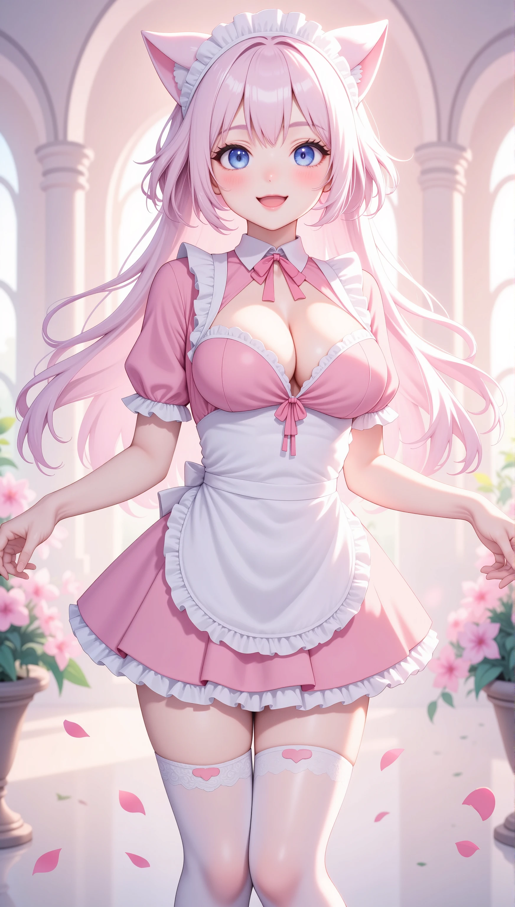 1girl\(:d, > <,blue eyeshadow,cute,plump, long hair,pastel light-pink hair,wavy hair,hair floating, pale skin,pink cheeks,pink lips,bangs, cat ears, dress\(short,pastel pink, lolita fashion, open cleavage\),white apron,breasts, blurry foreground, blush, bokeh, closed eyes, depth of field, smile, open mouth, tall, ,dynamic pose,cheerful pose,full body,cute hairpins,pink lips,white garter thigh high socks\), pastel colors,background\(dreamland, pastel colors,many lights\),dynamic camera angle,cute pose