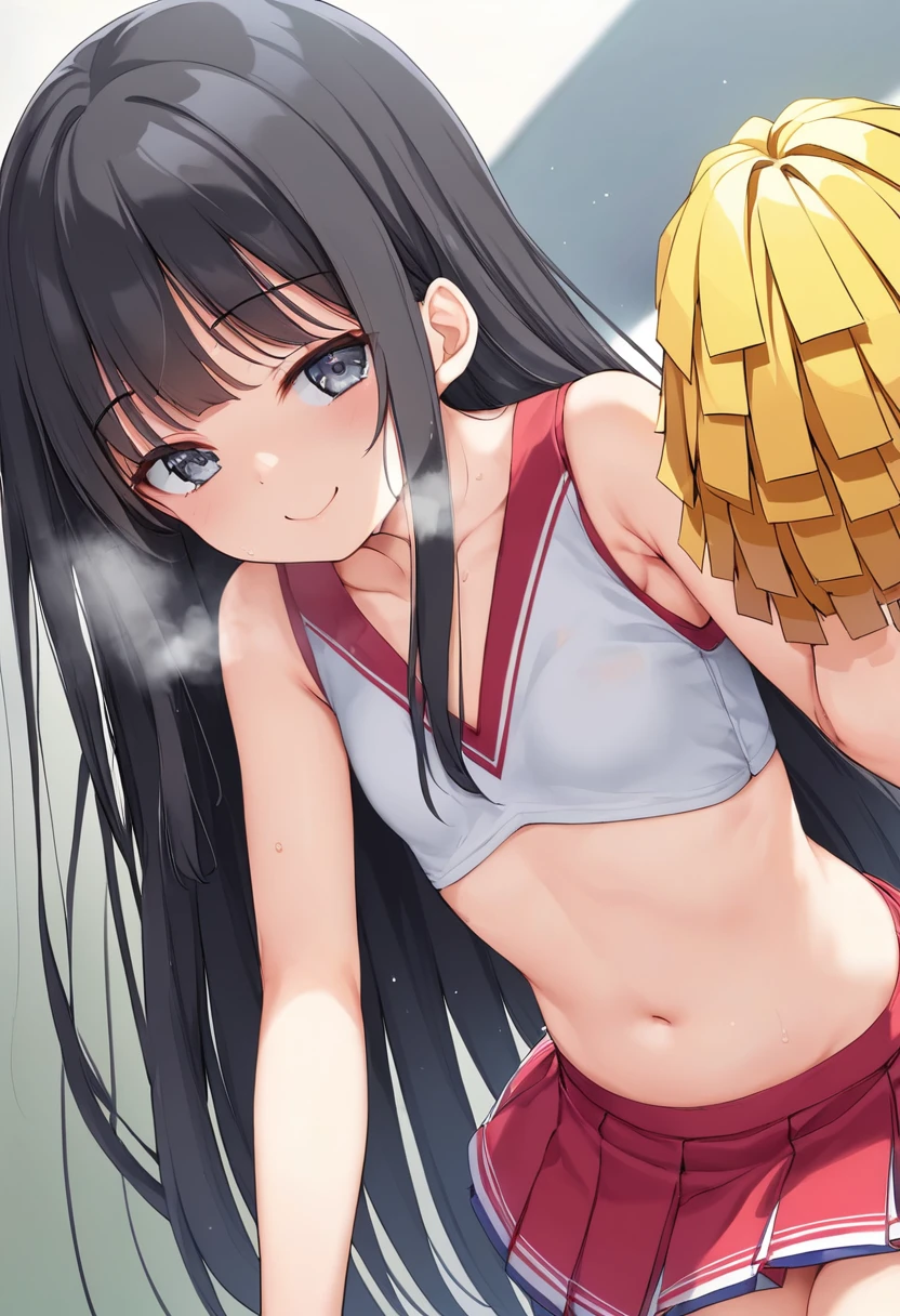 ((Cheerleader、Highest quality、Masterpiece、High resolution))、(((Zoom photo from above、semen、Bukkake、Wet body、Wet Hair)))、(smile、blush)、Big Breasts、Cleavage、Inside the gym、Blue Hair
