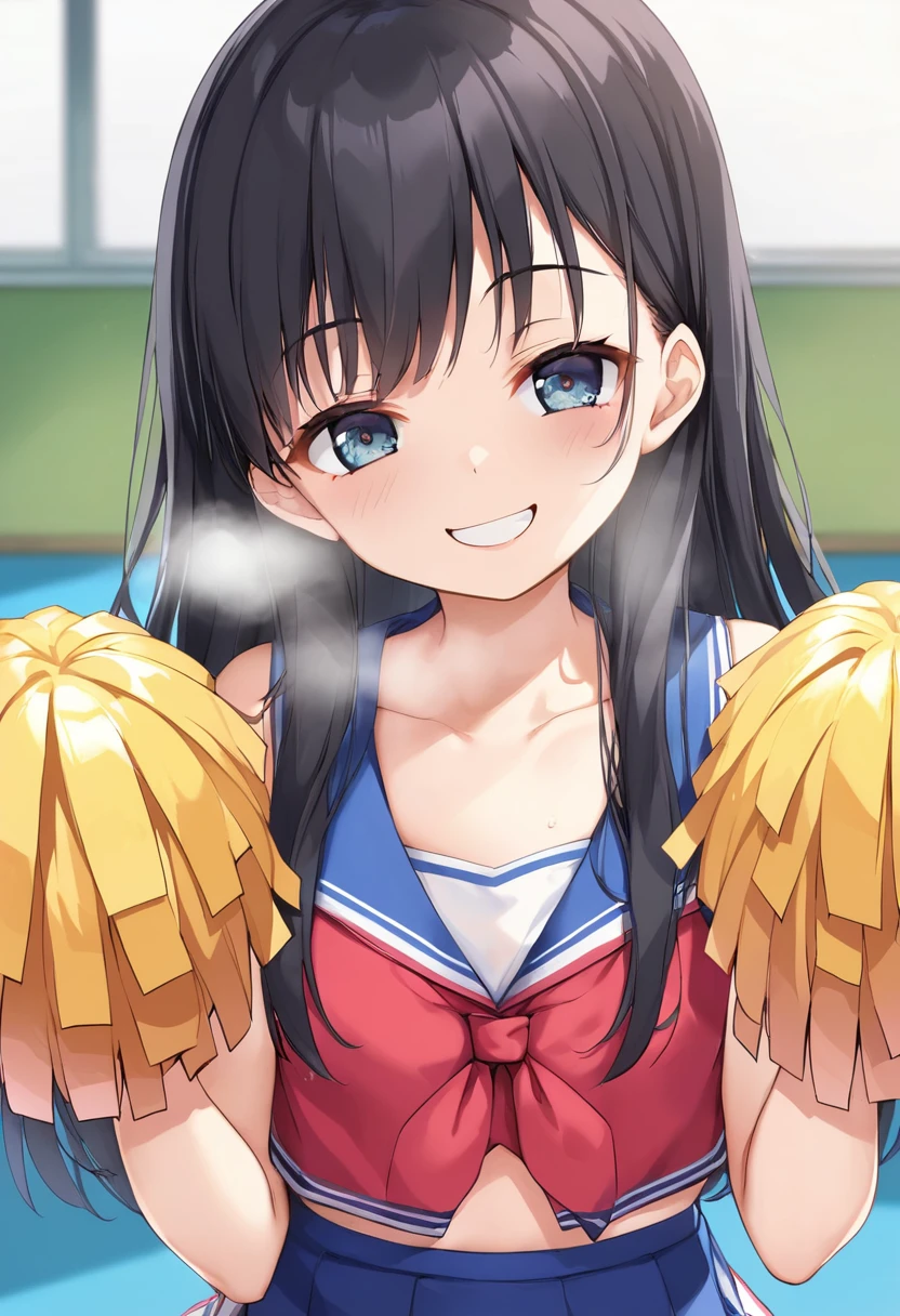 ((highest quality)), ((masterpiece)), (detailed), Perfect Face、5th grade elementary school、、Flat Chest、((Anus is visible))、blush、bottom less、topless、Grinning face、Spread your legs、Twin tails、Cheerleader