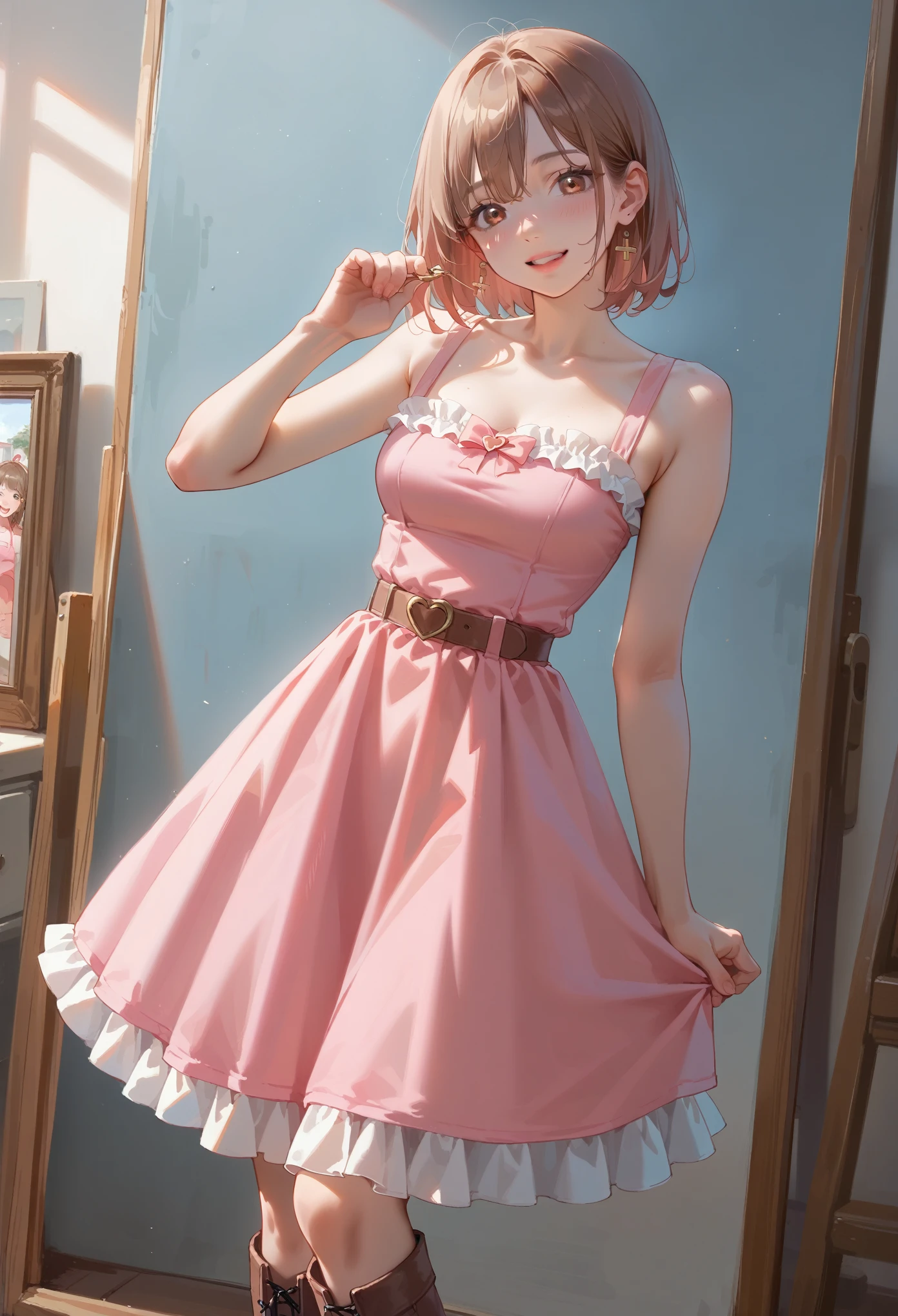 Best quality painting 、8k、Ultra-precise image quality、Young girl、Very cute、Normal size breasts、Slender body、bright pink half up、A vibrant town、Pink dress、 brown leather boots 、