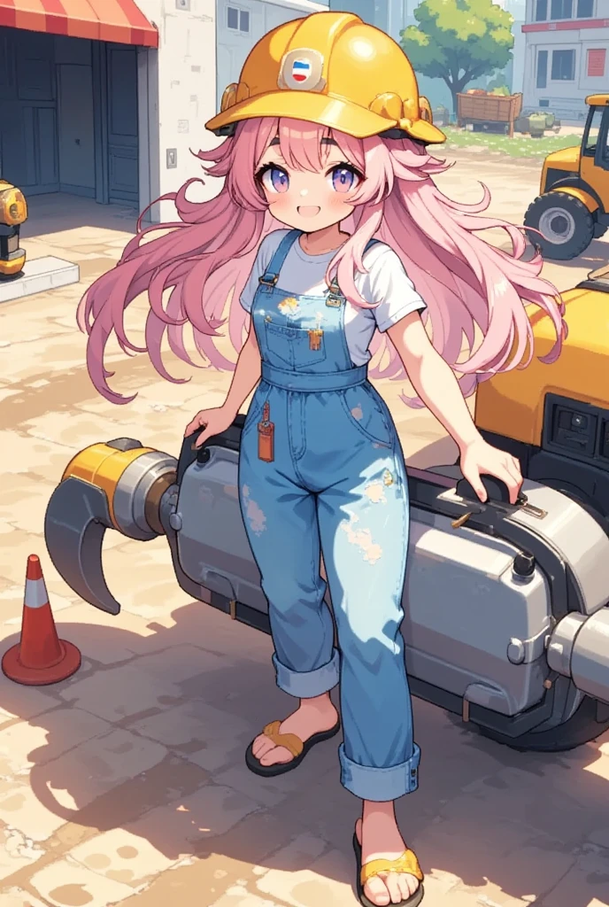 1girl, Alone, Sheep,  long pink fluffy hair, Thick eyebrows, Overalls,  yellow safety helmet, Rammer :1.3,  ground leveling machine:1.3,  is leveling the ground ,  the ground is vibrating,  vibrating up and down ,  motion blur, Construction site, Red colored cone ,  no-entry fence 